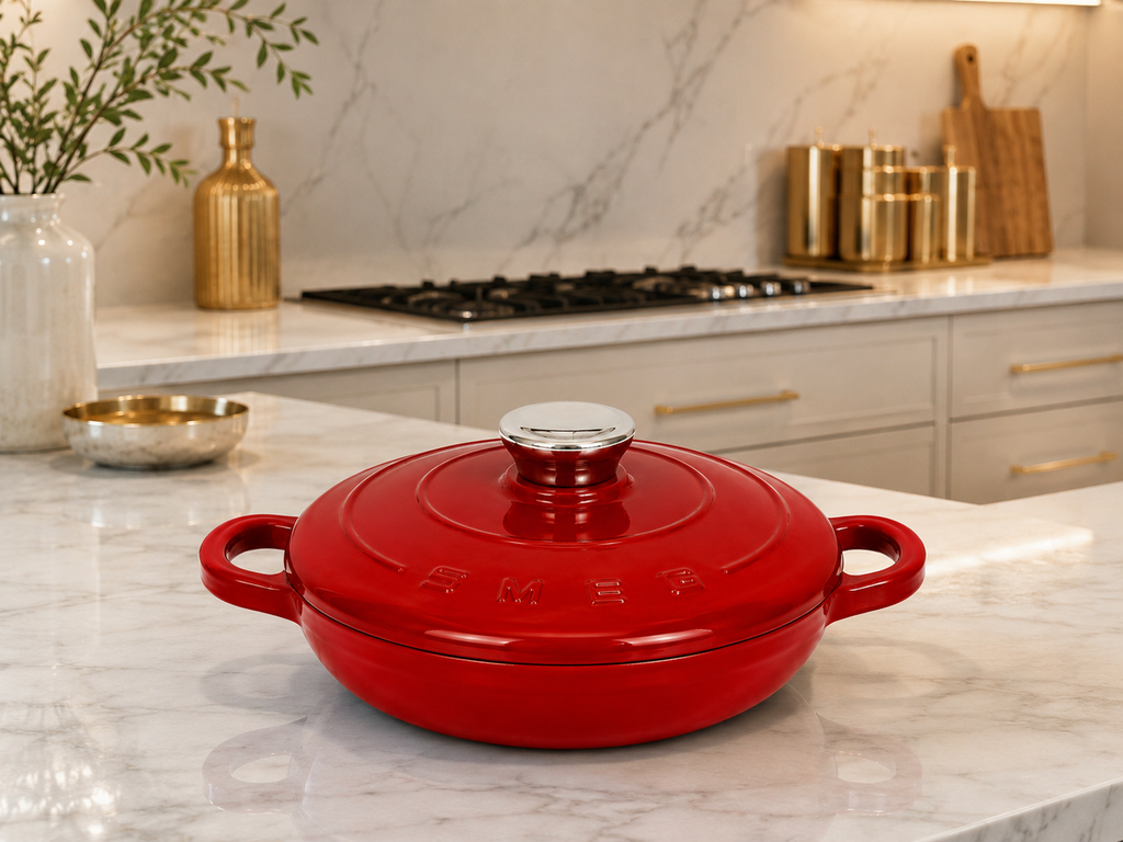 SMEG Cast Iron Casserole Pot 26cm Red – red enameled cast iron casserole pot on a marble kitchen countertop.