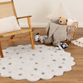 Mellow White Multicolour Round Scalloped Kids Rug styled with furniture