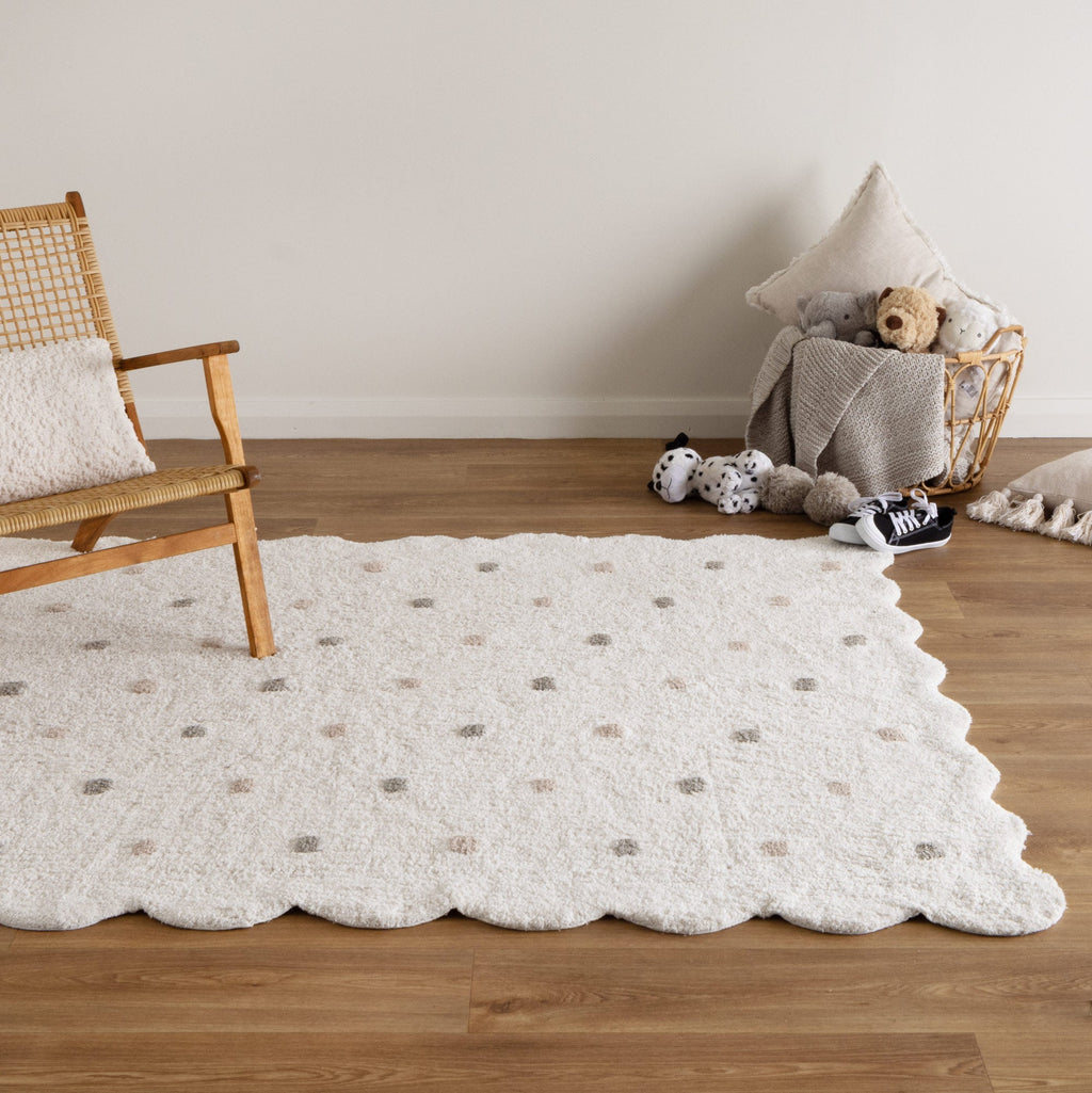 Mellow Rectangle Scalloped Kids Rug White & Multi styled with furniture