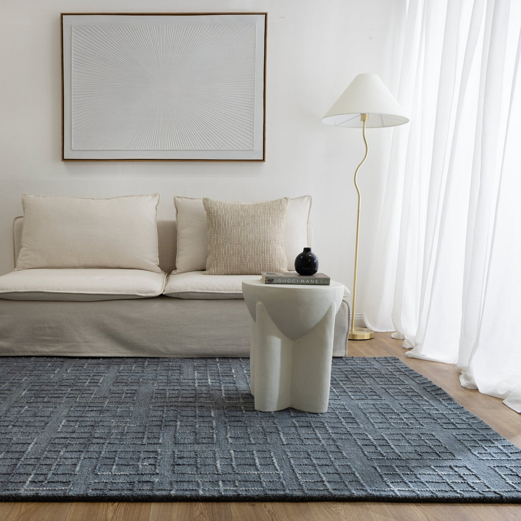 Abasco Steel Blue Hand Tufted Wool Rug styled with furniture