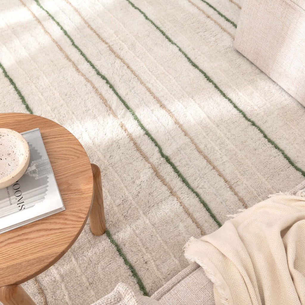 Highlands Olive Stripe Wool Rug lifestyle view