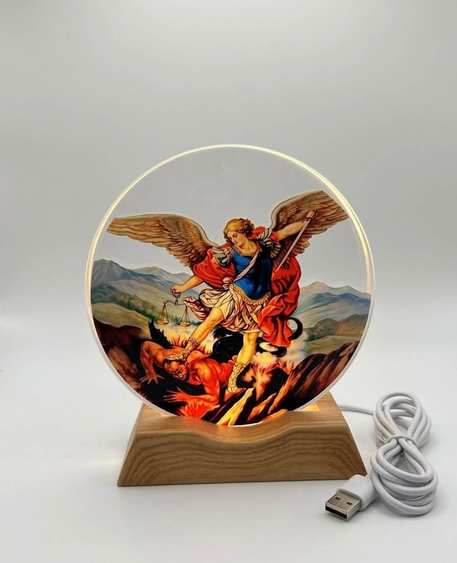 Saint Michael Archangel LED Lamp with detailed illustration of Saint Michael triumphing over evil.