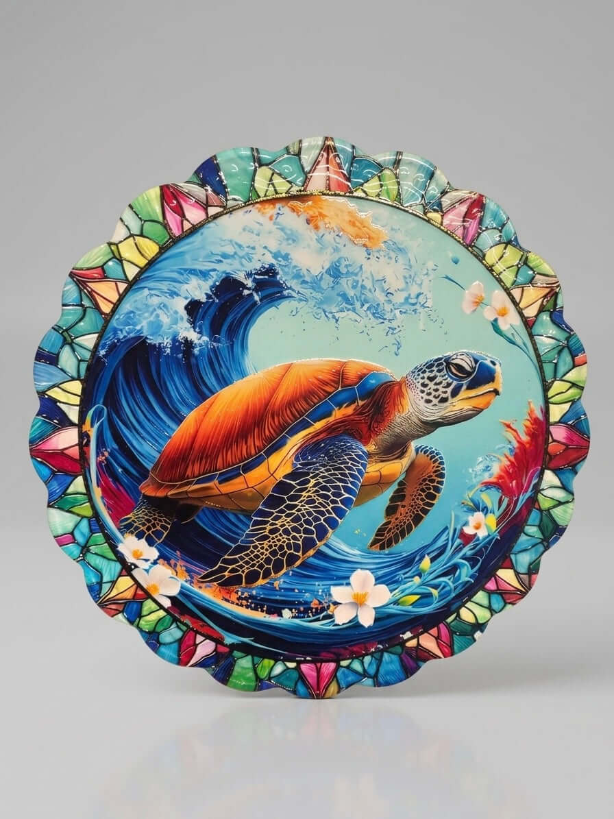 Sea Turtle Ceramic Trivet featuring a vibrant ocean design with waves and a turtle, perfect heat-resistant kitchen decor.