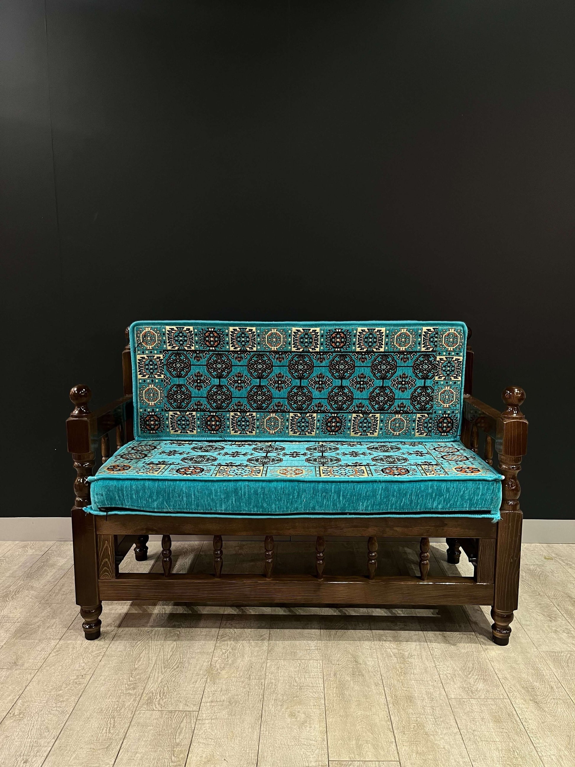 Sedir Double Chair- Aqua Diamond MajlisBazaar G Rugs N Gifts-Sedir Double Chair- Aqua Diamond MajlisSedir Double Chair Majlis Floor Cushions: a Turkish masterpiece of comfort and style. Crafted from solid wood and adorned with 100% cotton cushions filled