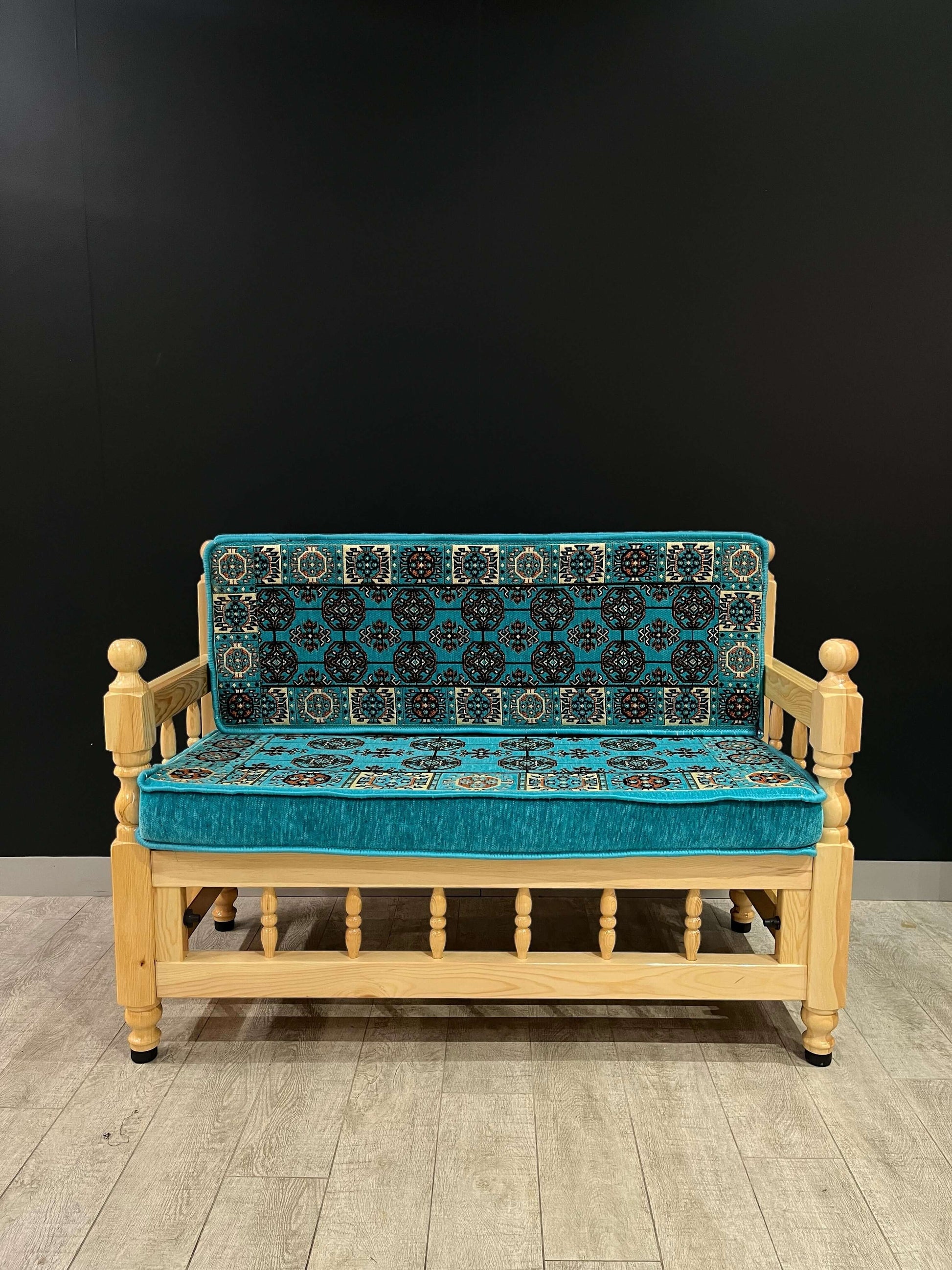 Sedir Double Chair- Aqua Diamond MajlisBazaar G Rugs N Gifts-Sedir Double Chair- Aqua Diamond MajlisSedir Double Chair Majlis Floor Cushions: a Turkish masterpiece of comfort and style. Crafted from solid wood and adorned with 100% cotton cushions filled