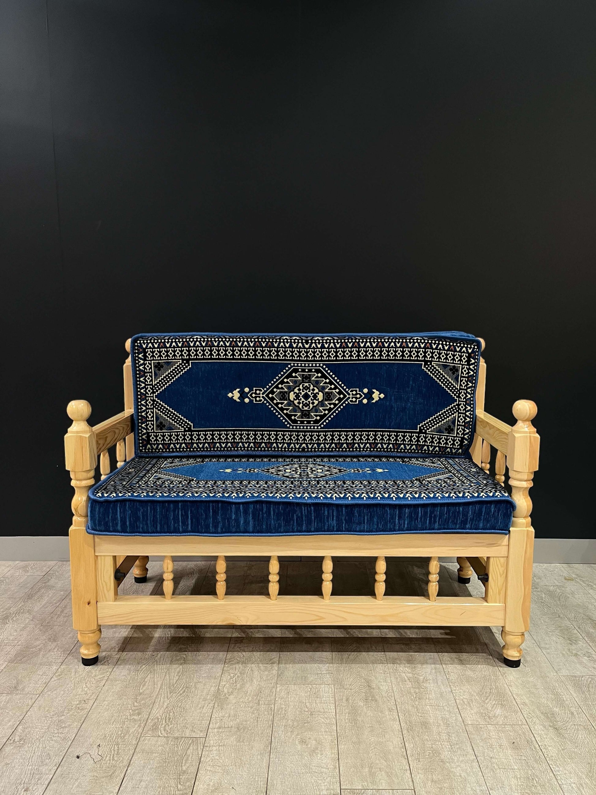 Sedir Double Chair- Blue Palace MajlisBazaar G Rugs N Gifts-Sedir Double Chair- Blue Palace MajlisSedir Double Chair Majlis Floor Cushions: a Turkish masterpiece of comfort and style. Crafted from solid wood and adorned with 100% cotton cushions filled wi