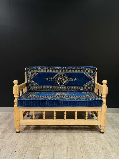 Sedir Double Chair- Blue Palace MajlisBazaar G Rugs N Gifts-Sedir Double Chair- Blue Palace MajlisSedir Double Chair Majlis Floor Cushions: a Turkish masterpiece of comfort and style. Crafted from solid wood and adorned with 100% cotton cushions filled wi