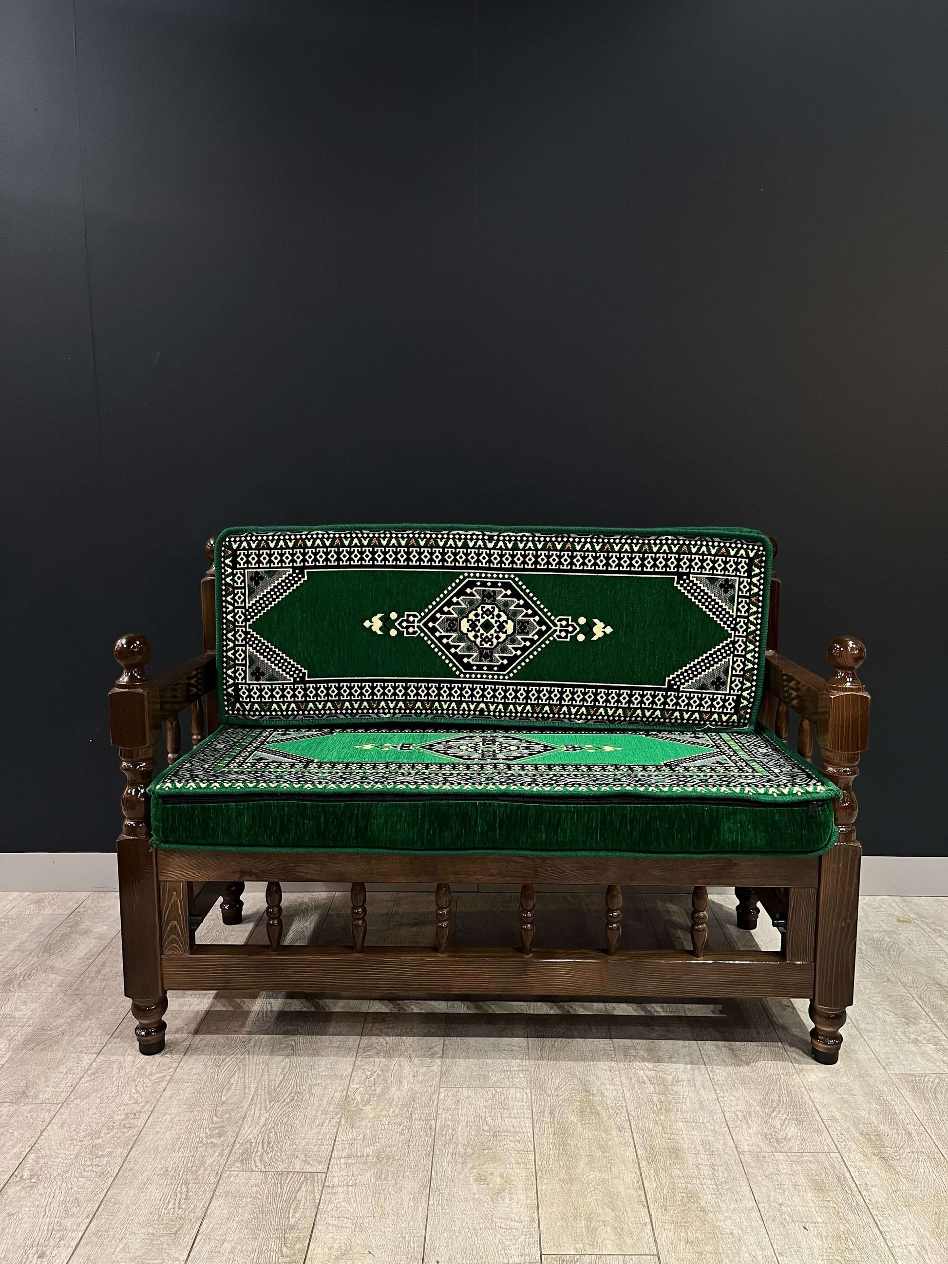 Sedir Double Chair- Green Palace MajlisBazaar G Rugs N Gifts-Sedir Double Chair- Green Palace MajlisSedir Double Chair Majlis Floor Cushions: a Turkish masterpiece of comfort and style. Crafted from solid wood and adorned with 100% cotton cushions filled