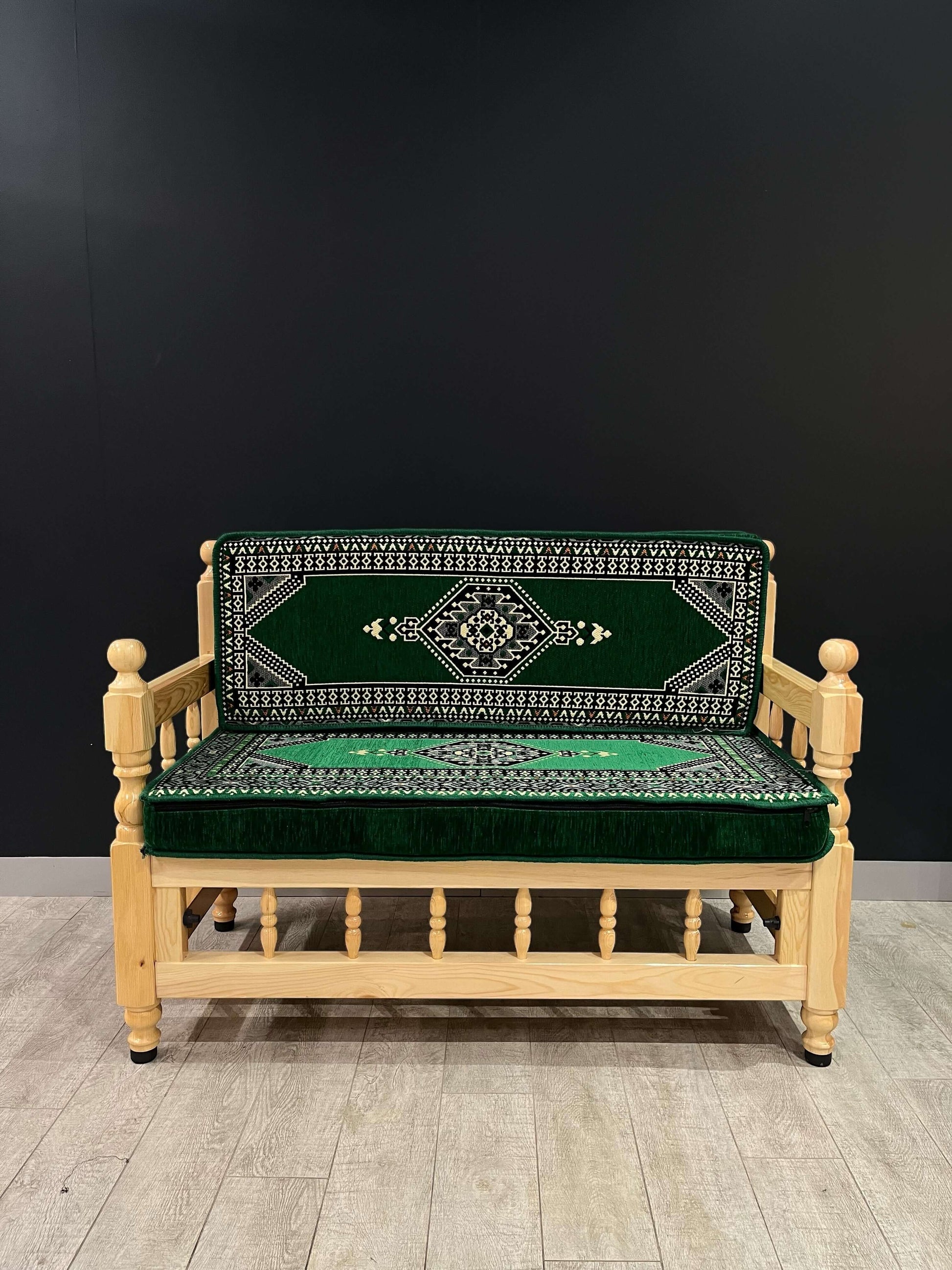 Sedir Double Chair- Green Palace MajlisBazaar G Rugs N Gifts-Sedir Double Chair- Green Palace MajlisSedir Double Chair Majlis Floor Cushions: a Turkish masterpiece of comfort and style. Crafted from solid wood and adorned with 100% cotton cushions filled