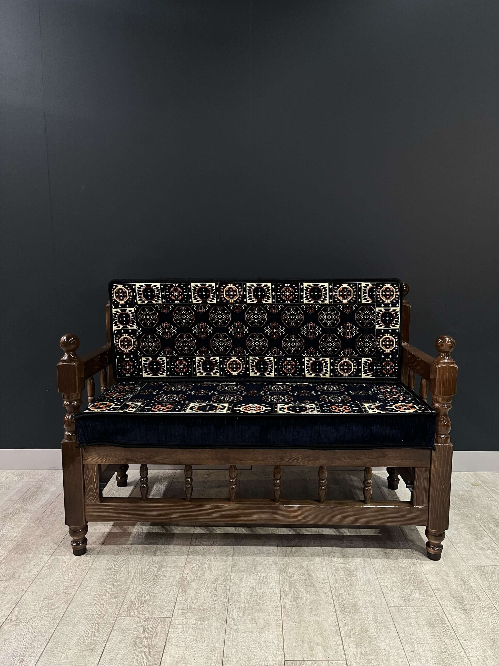 Sedir Double Chair- Navy Diamond MajlisBazaar G Rugs N Gifts-Sedir Double Chair- Navy Diamond MajlisSedir Double Chair Majlis Floor Cushions: a Turkish masterpiece of comfort and style. Crafted from solid wood and adorned with 100% cotton cushions filled
