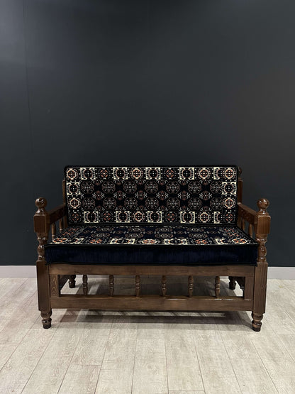 Sedir Double Chair- Navy Diamond MajlisBazaar G Rugs N Gifts-Sedir Double Chair- Navy Diamond MajlisSedir Double Chair Majlis Floor Cushions: a Turkish masterpiece of comfort and style. Crafted from solid wood and adorned with 100% cotton cushions filled