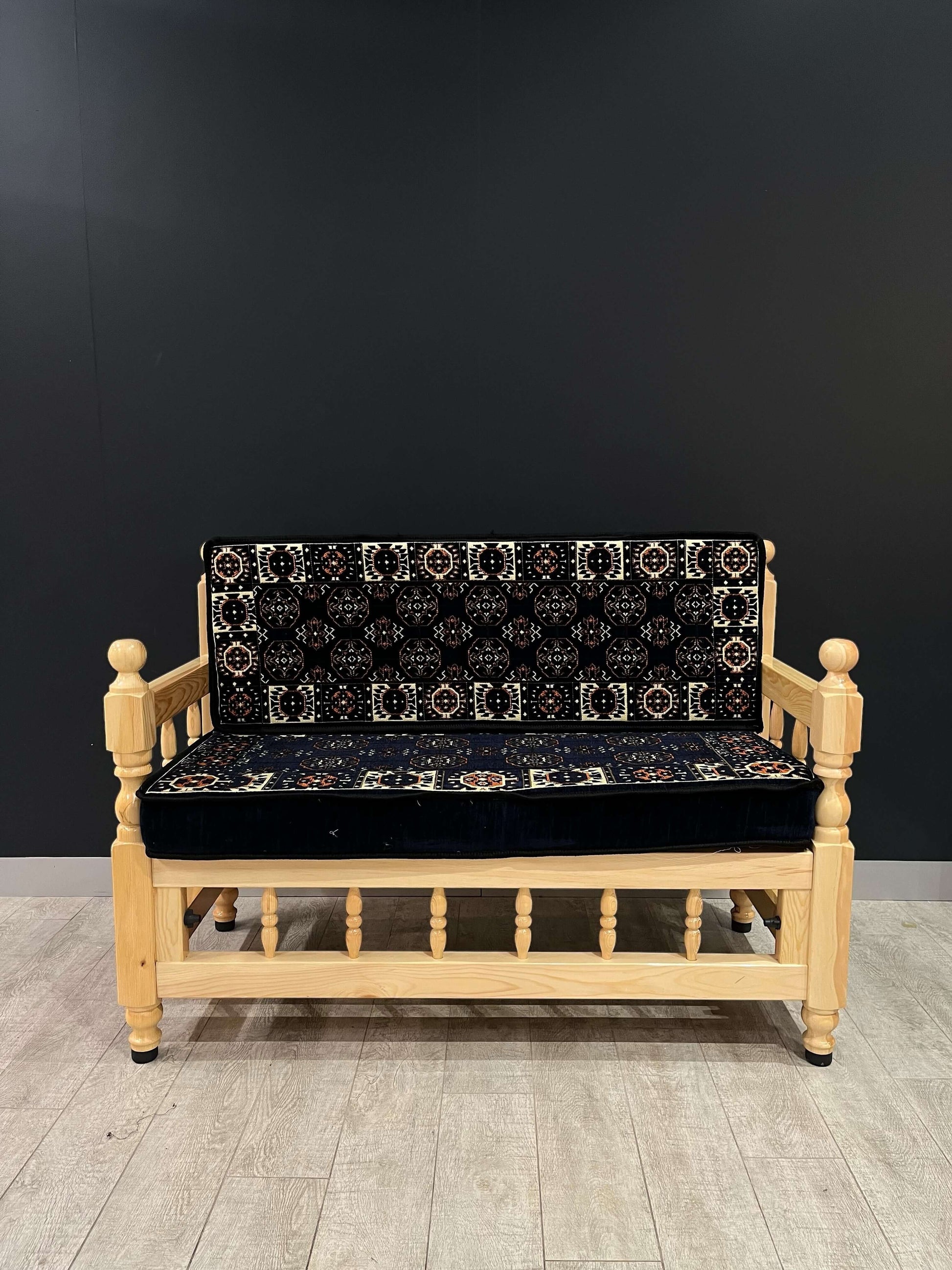 Sedir Double Chair- Navy Diamond MajlisBazaar G Rugs N Gifts-Sedir Double Chair- Navy Diamond MajlisSedir Double Chair Majlis Floor Cushions: a Turkish masterpiece of comfort and style. Crafted from solid wood and adorned with 100% cotton cushions filled