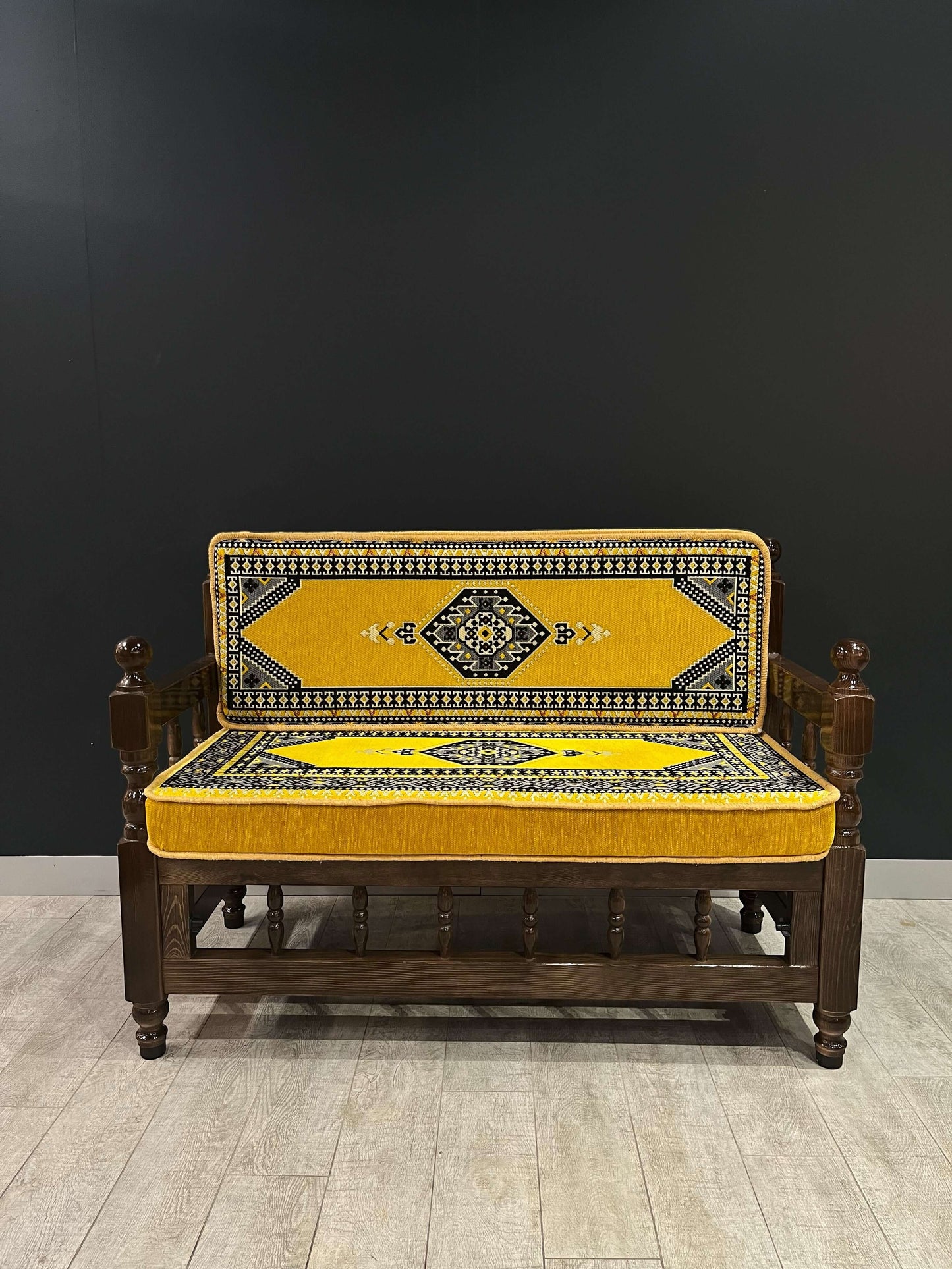 Sedir Double Chair- Yellow Palace MajlisBazaar G Rugs N Gifts-Sedir Double Chair- Yellow Palace MajlisSedir Double Chair Majlis Floor Cushions: a Turkish masterpiece of comfort and style. Crafted from solid wood and adorned with 100% cotton cushions fille