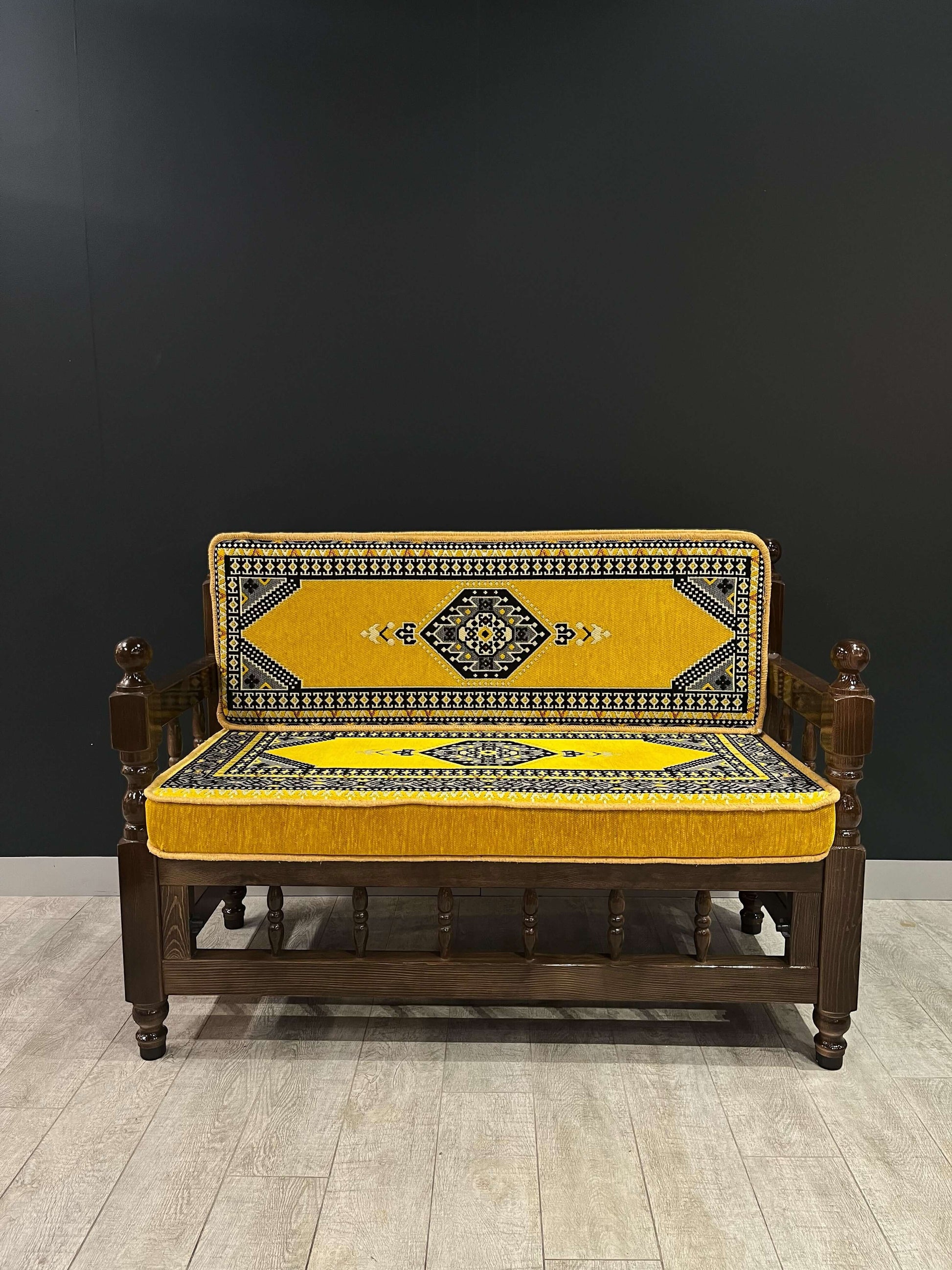 Sedir Double Chair- Yellow Palace MajlisBazaar G Rugs N Gifts-Sedir Double Chair- Yellow Palace MajlisSedir Double Chair Majlis Floor Cushions: a Turkish masterpiece of comfort and style. Crafted from solid wood and adorned with 100% cotton cushions fille