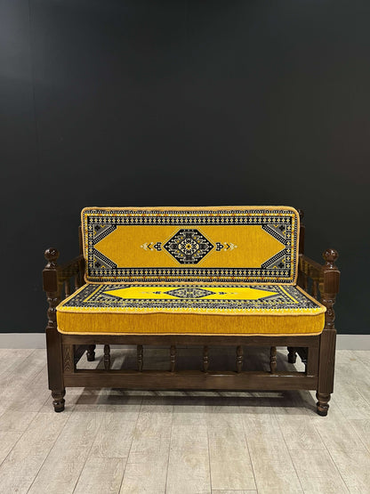 Sedir Double Chair- Yellow Palace MajlisBazaar G Rugs N Gifts-Sedir Double Chair- Yellow Palace MajlisSedir Double Chair Majlis Floor Cushions: a Turkish masterpiece of comfort and style. Crafted from solid wood and adorned with 100% cotton cushions fille