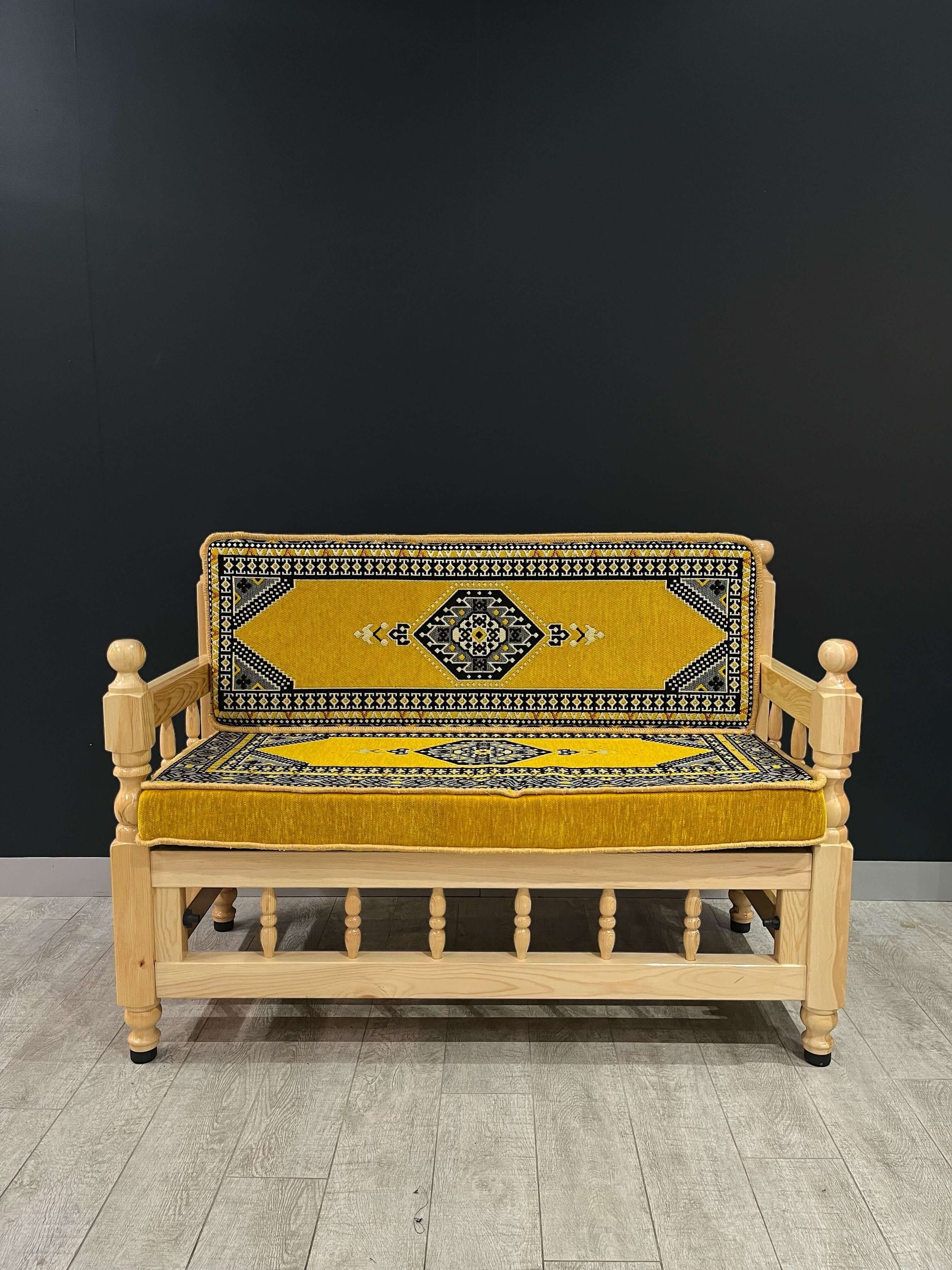 Sedir Double Chair- Yellow Palace MajlisBazaar G Rugs N Gifts-Sedir Double Chair- Yellow Palace MajlisSedir Double Chair Majlis Floor Cushions: a Turkish masterpiece of comfort and style. Crafted from solid wood and adorned with 100% cotton cushions fille