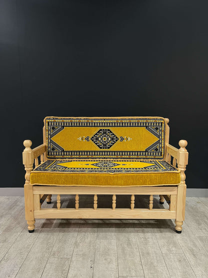 Sedir Double Chair- Yellow Palace MajlisBazaar G Rugs N Gifts-Sedir Double Chair- Yellow Palace MajlisSedir Double Chair Majlis Floor Cushions: a Turkish masterpiece of comfort and style. Crafted from solid wood and adorned with 100% cotton cushions fille