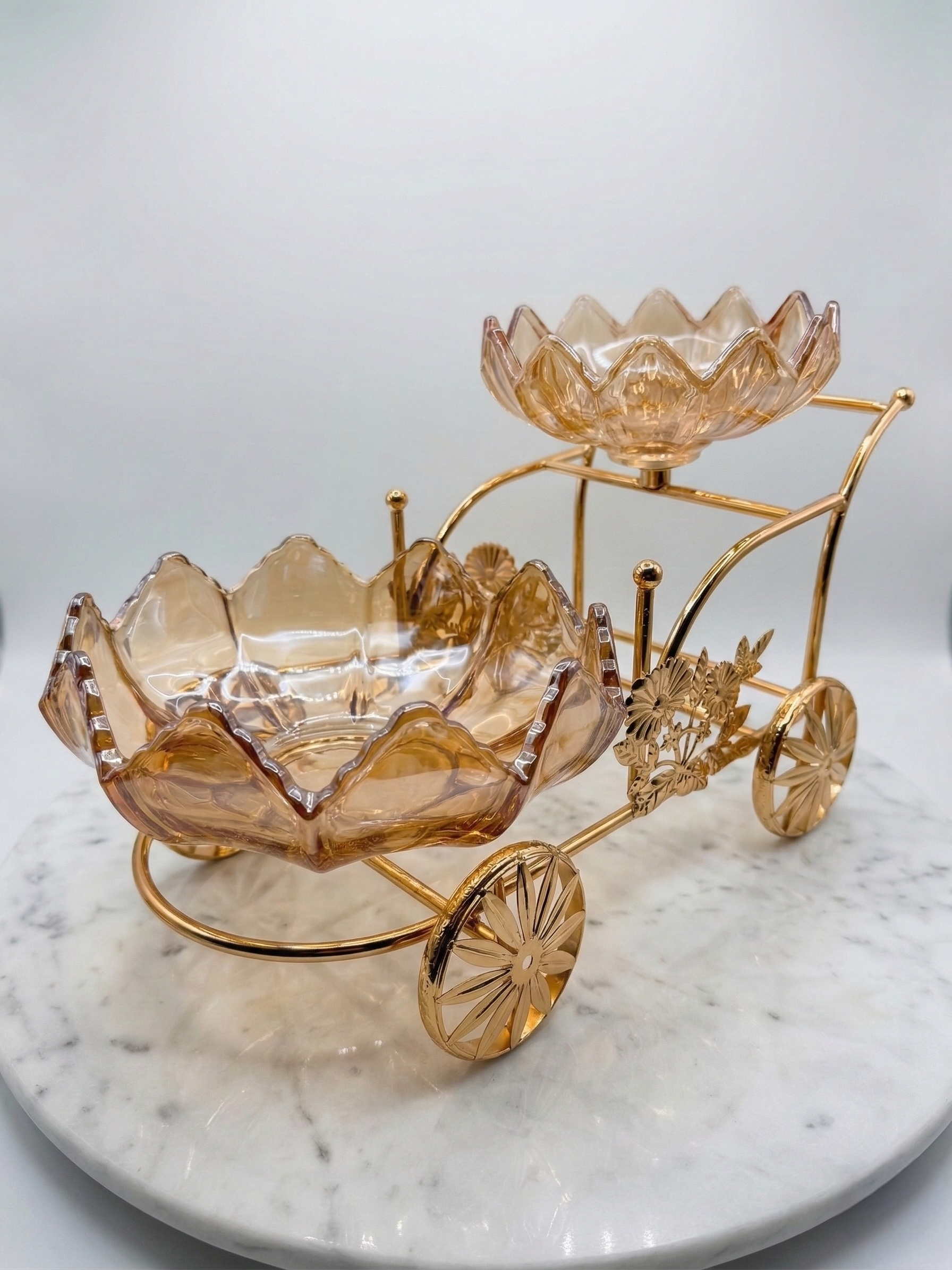 Decorative Gold Flower Serving Cart with Glass Bowls showcasing unique vintage-inspired design and elegant charm.