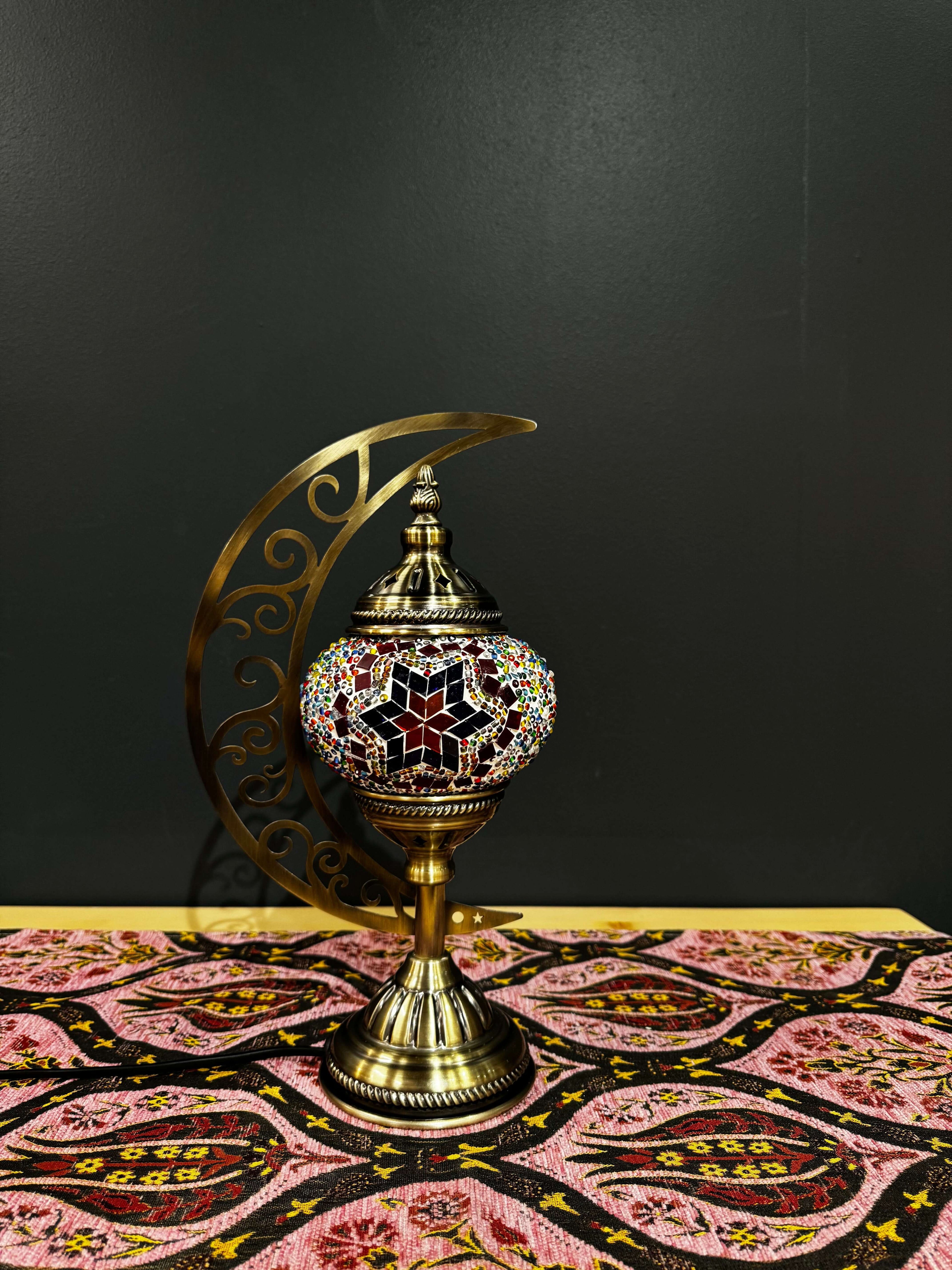 Radiant Starburst Turkish Mosaic Lamp - Crescent Moon Design