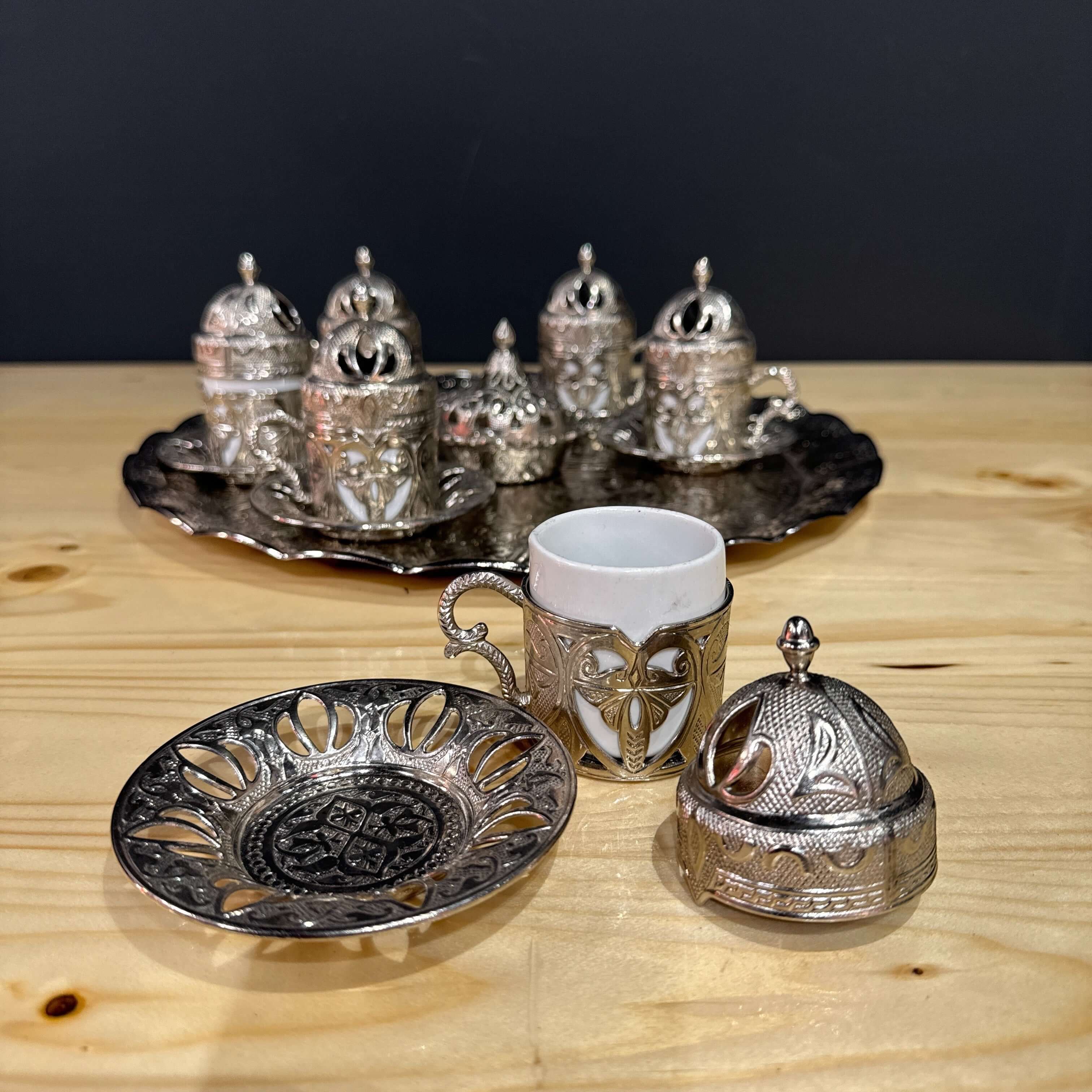 Silver Ottoman-Style Coffee Set with intricately designed cups and tray, perfect for Turkish coffee ceremonies.