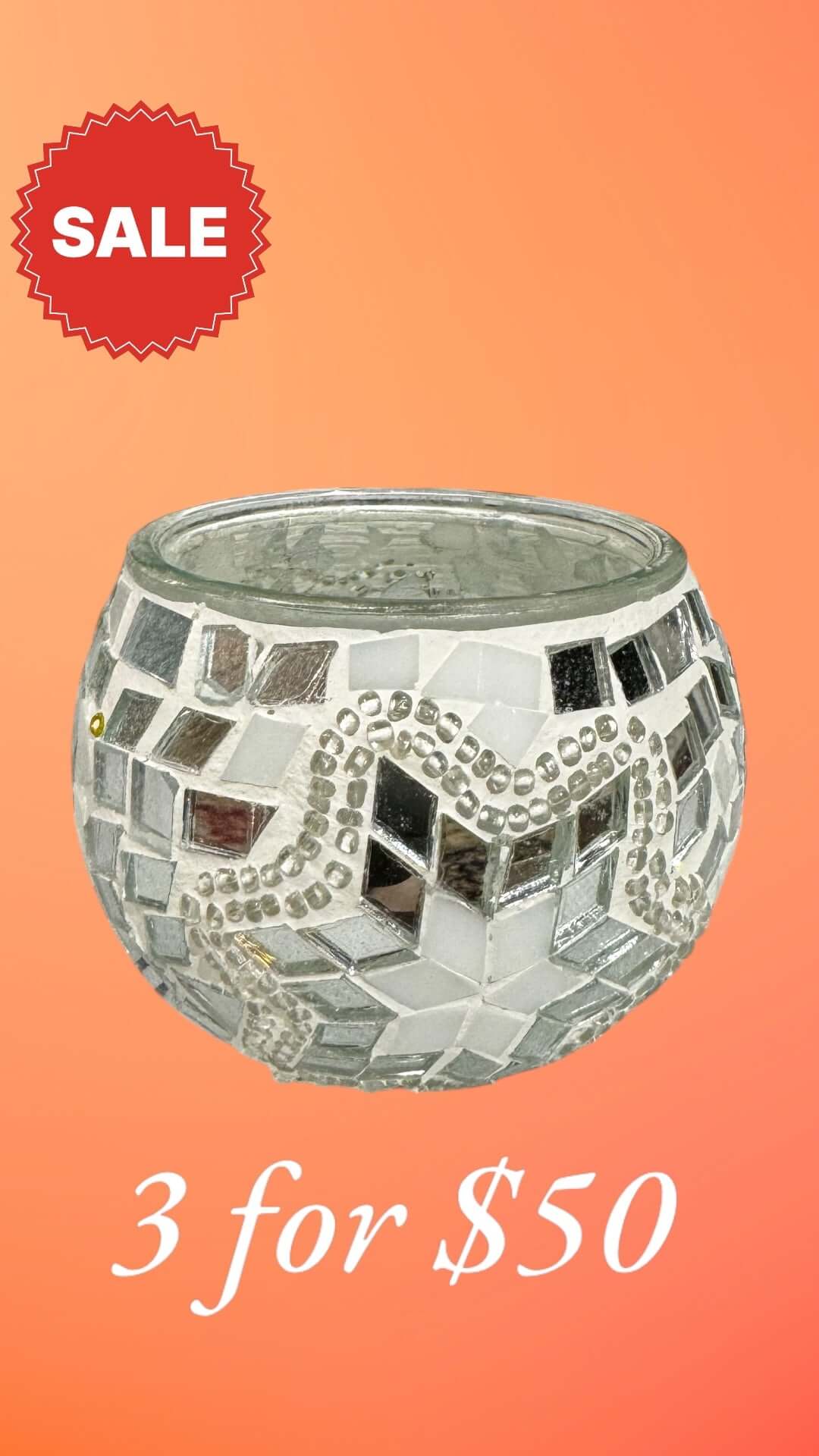 Silver Sparkle Mosaic Candle Holder-Elevate your decor with the Silver Sparkle Mosaic Candle Holder. Sleek and timeless design. Get 3 for $50 today!-Bazaar G Rugs N Gifts