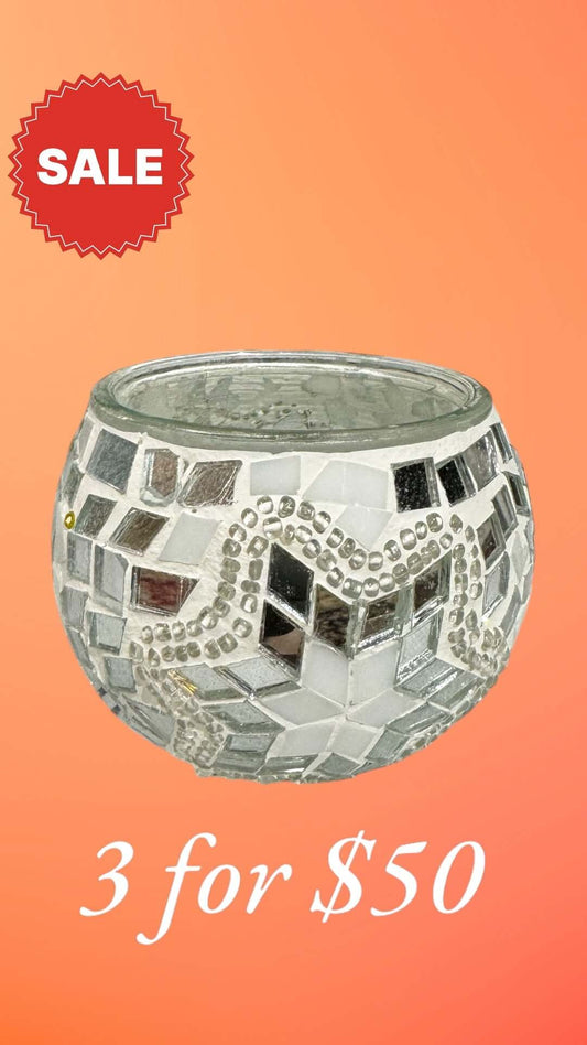 Silver Sparkle Mosaic Candle Holder-Elevate your decor with the Silver Sparkle Mosaic Candle Holder. Sleek and timeless design. Get 3 for $50 today!-Bazaar G Rugs N Gifts