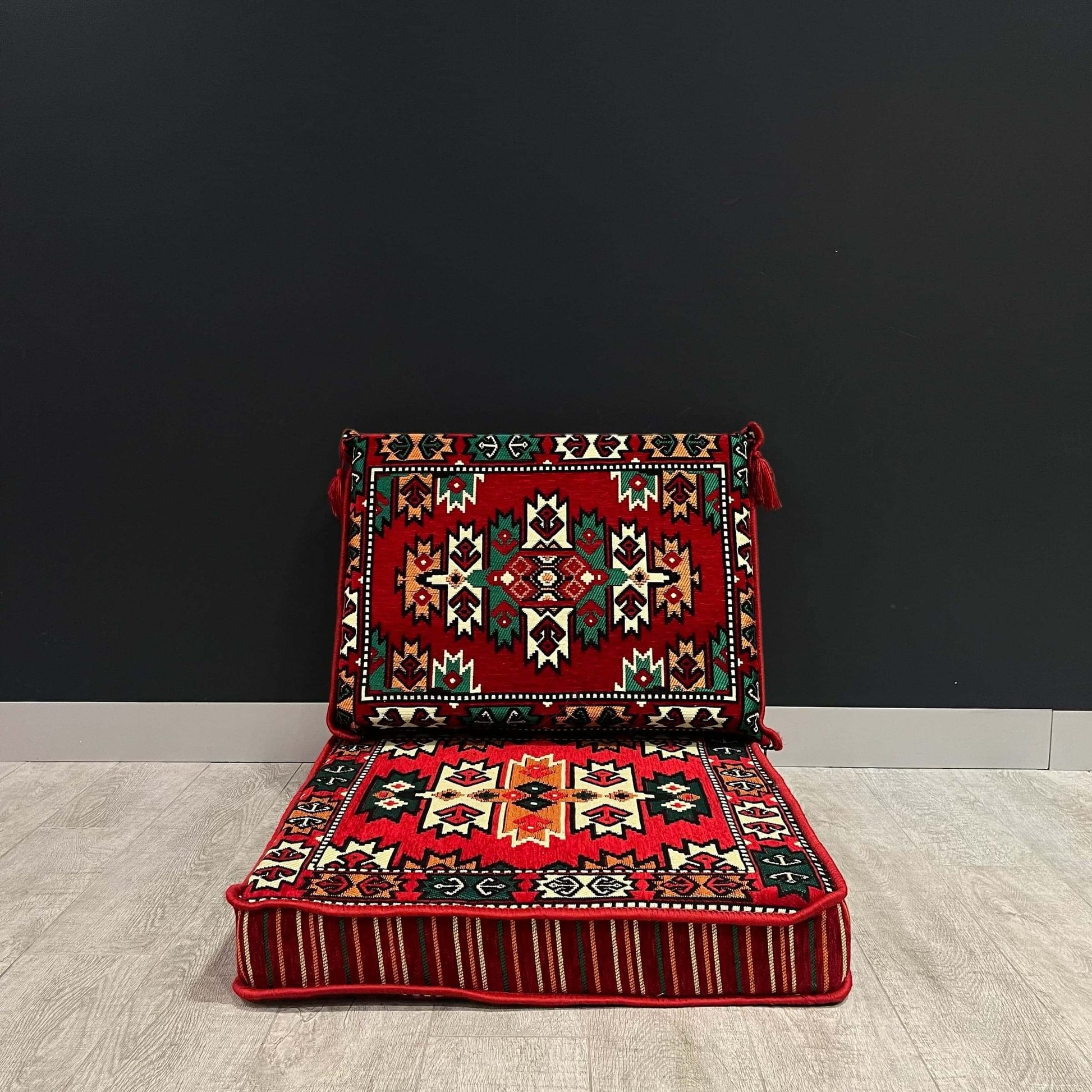 Single Floor Cushions & Majlis Red Green Pattern
