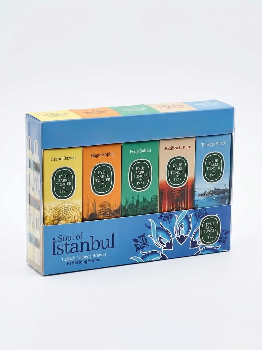 Soul of Istanbul Turkish Cologne Gift Set – 5 x 16ml bottles featuring landmarks like Grand Bazaar and Hagia Sophia.