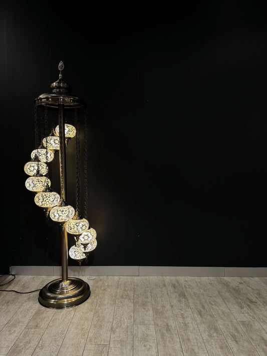 Spiral Grandeur Mosaic Floor Lamp 11 pieces-Add charm and elegance to your space with the Spiral Grandeur Mosaic Floor Lamp. Featuring 11 handcrafted mosaic globes on a brass stand, this Turkish lamp is perfect for enhancing any decor-Bazaar G Rugs N Gift