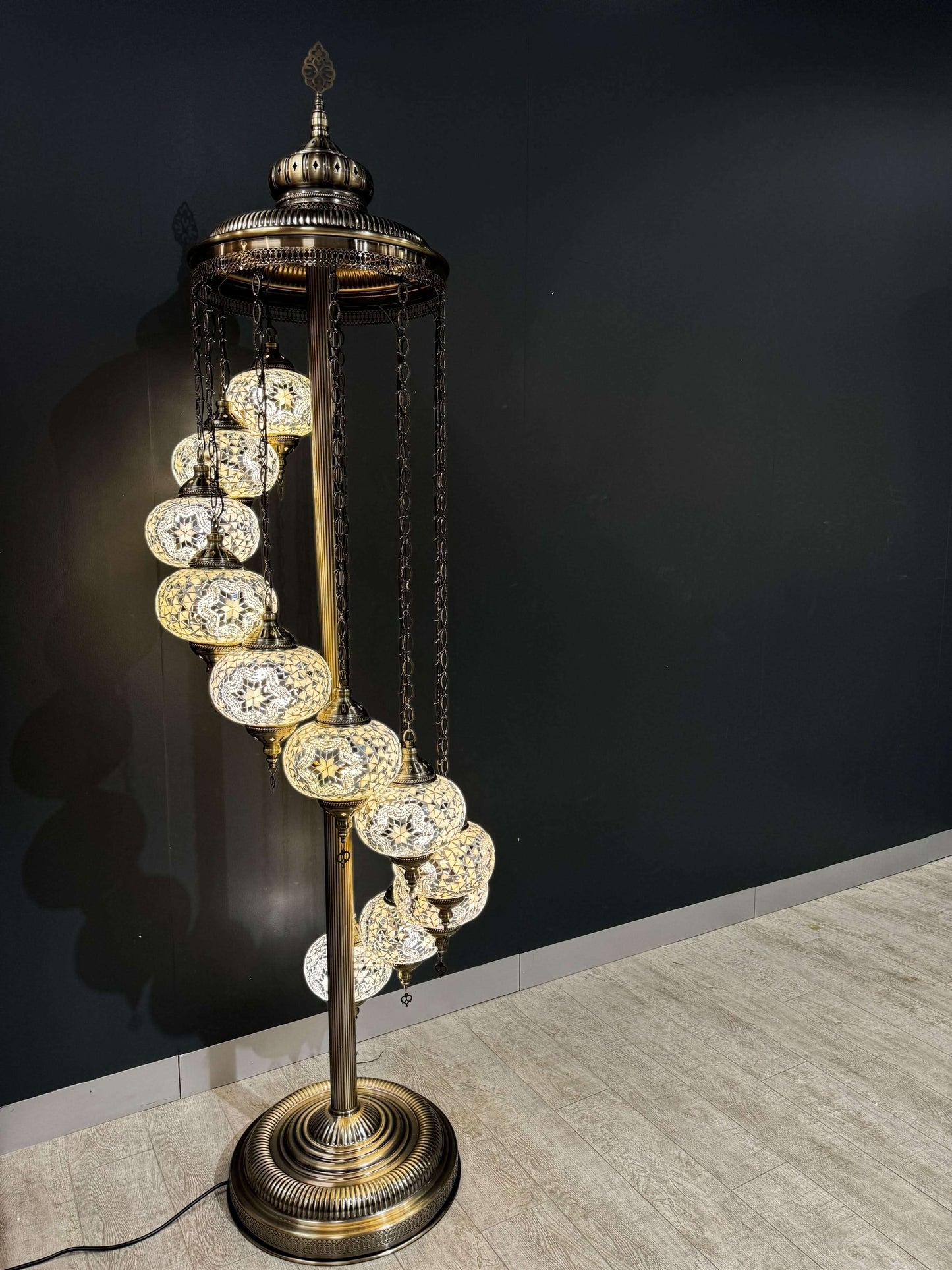Spiral Grandeur Mosaic Floor Lamp 11 pieces-Add charm and elegance to your space with the Spiral Grandeur Mosaic Floor Lamp. Featuring 11 handcrafted mosaic globes on a brass stand, this Turkish lamp is perfect for enhancing any decor-Bazaar G Rugs N Gift