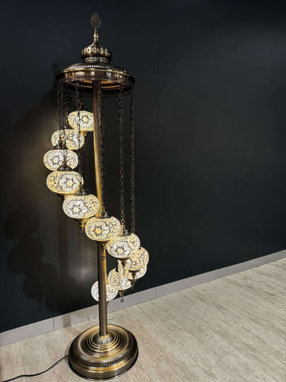 Spiral Grandeur Mosaic Floor Lamp 11 pieces-Add charm and elegance to your space with the Spiral Grandeur Mosaic Floor Lamp. Featuring 11 handcrafted mosaic globes on a brass stand, this Turkish lamp is perfect for enhancing any decor-Bazaar G Rugs N Gift