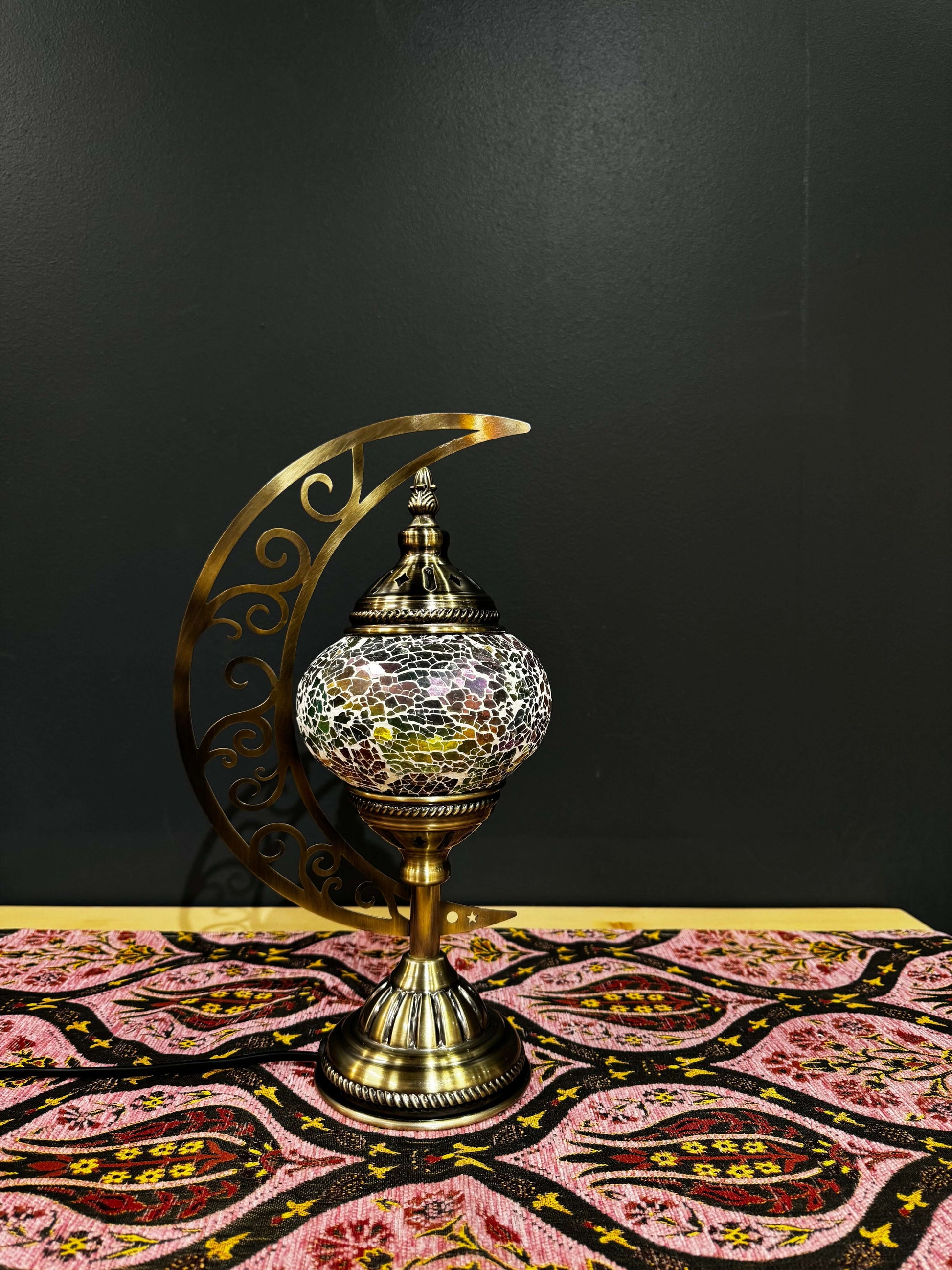 Spring Glow Turkish Mosaic Lamp - Crescent Moon Design-Shop the Spring Glow Turkish Mosaic Lamp! Features vibrant green, yellow, and red crackled mosaic glass with a crescent moon stand. Includes LED bulb. Perfect for decor or gifting.-Bazaar G Rugs N Gif