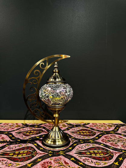 Spring Glow Turkish Mosaic Lamp - Crescent Moon Design-Shop the Spring Glow Turkish Mosaic Lamp! Features vibrant green, yellow, and red crackled mosaic glass with a crescent moon stand. Includes LED bulb. Perfect for decor or gifting.-Bazaar G Rugs N Gif