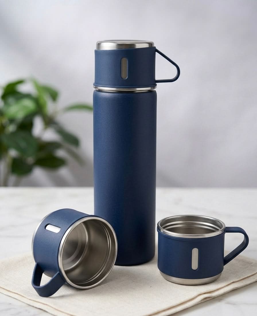Stainless Steel Vacuum Travel Bottle - Insulated Thermos with Cup, designed for hot and cold beverages on the go.
