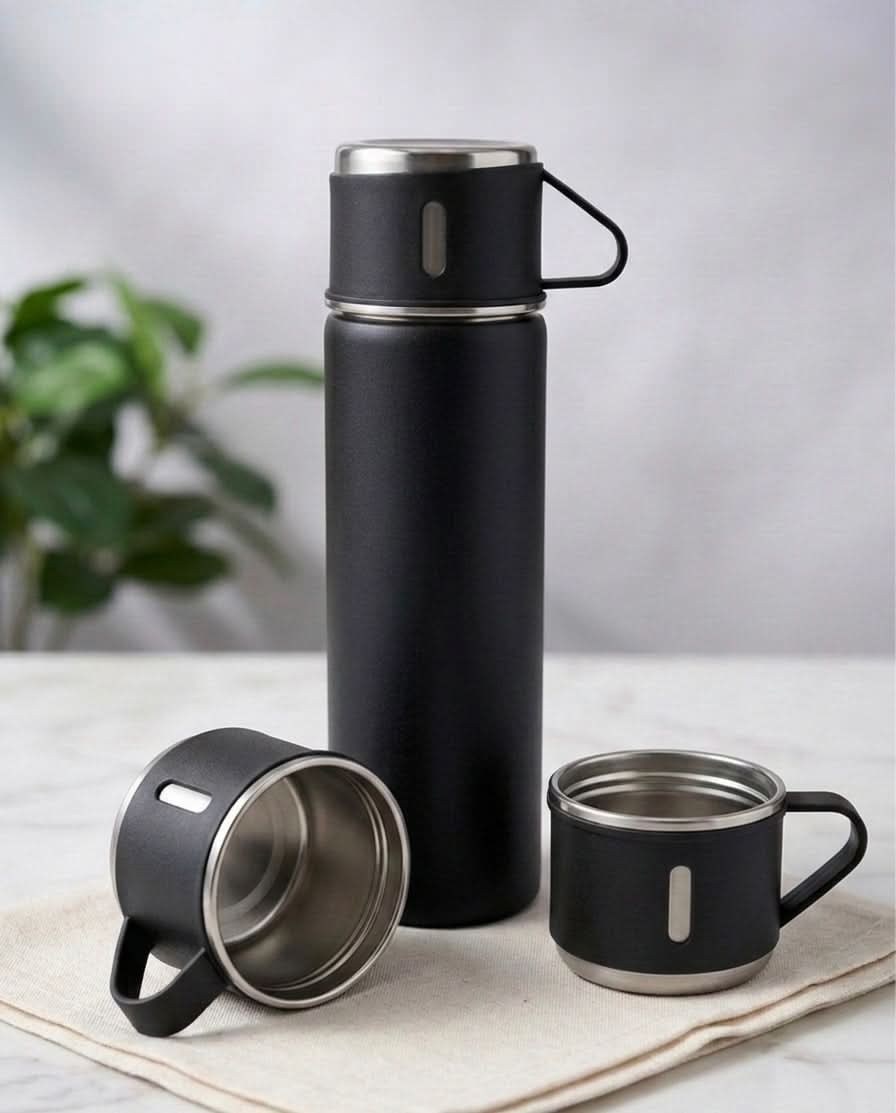 Stainless Steel Vacuum Travel Bottle with cup, stylish insulated thermos for hot or cold drinks on the go.