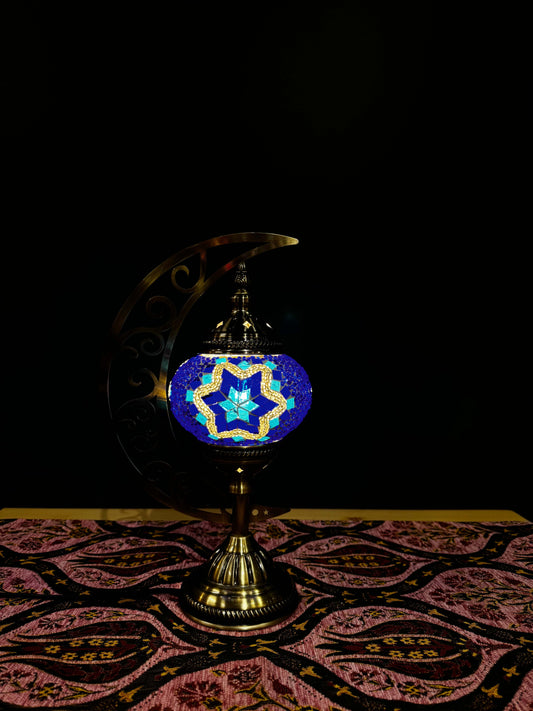 Starry Night Turkish Mosaic Lamp - Crescent Moon Design-Shop the Starry Night Turkish Mosaic Lamp! Features a star-shaped blue, turquoise, and gold mosaic design with a crescent moon stand. Includes LED bulb. Perfect for decor or gifting.-Bazaar G Rugs N