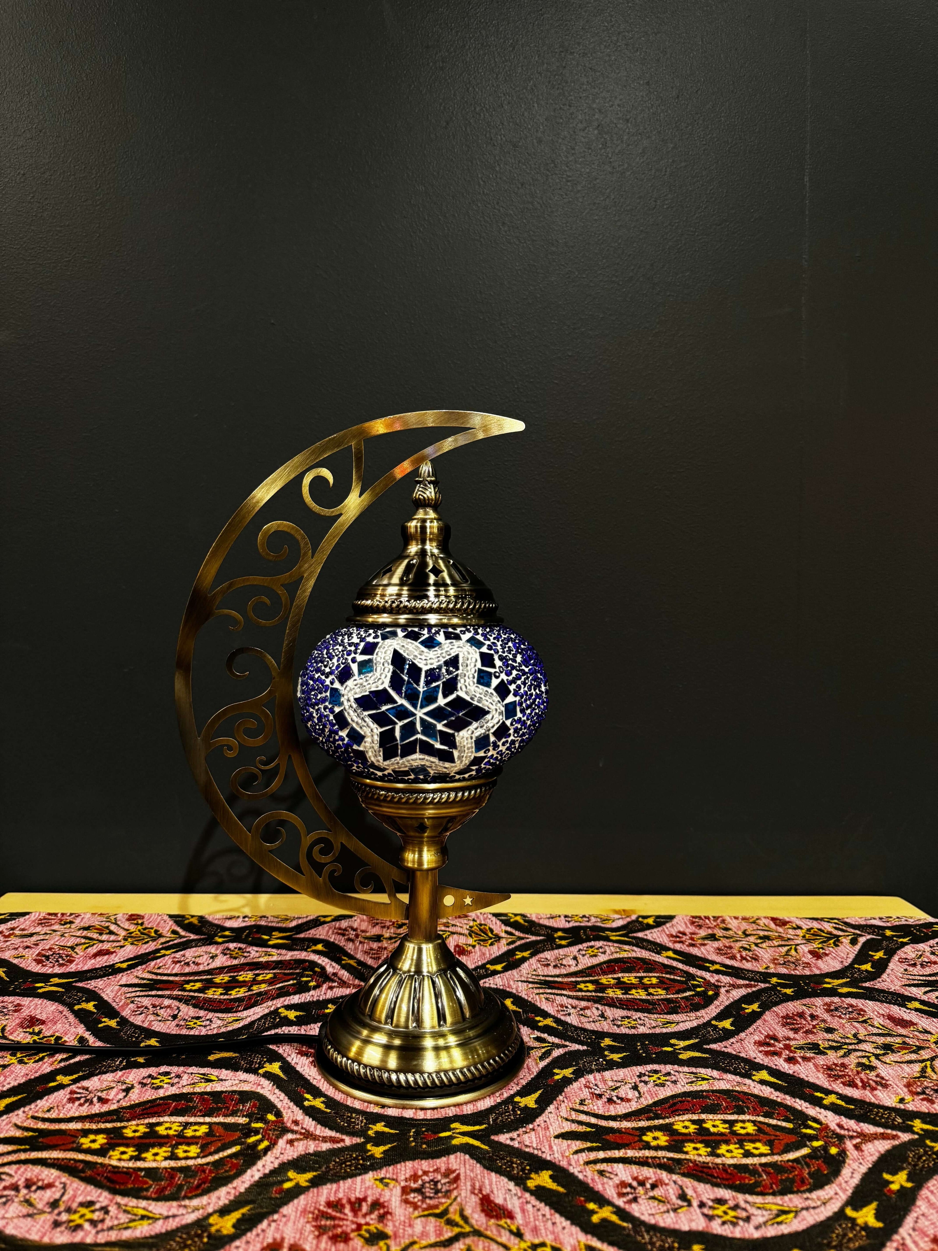 Starry Night Turkish Mosaic Lamp - Crescent Moon Design