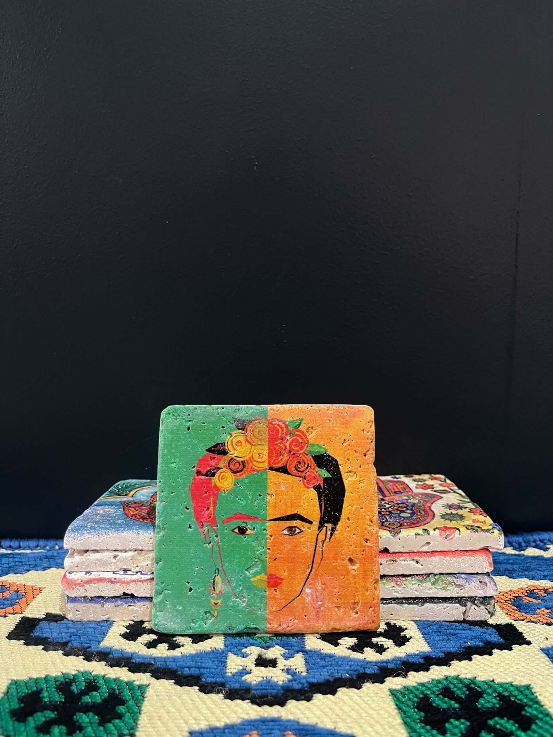 Stone Coaster Hamsa Hand Frida Orange-Green