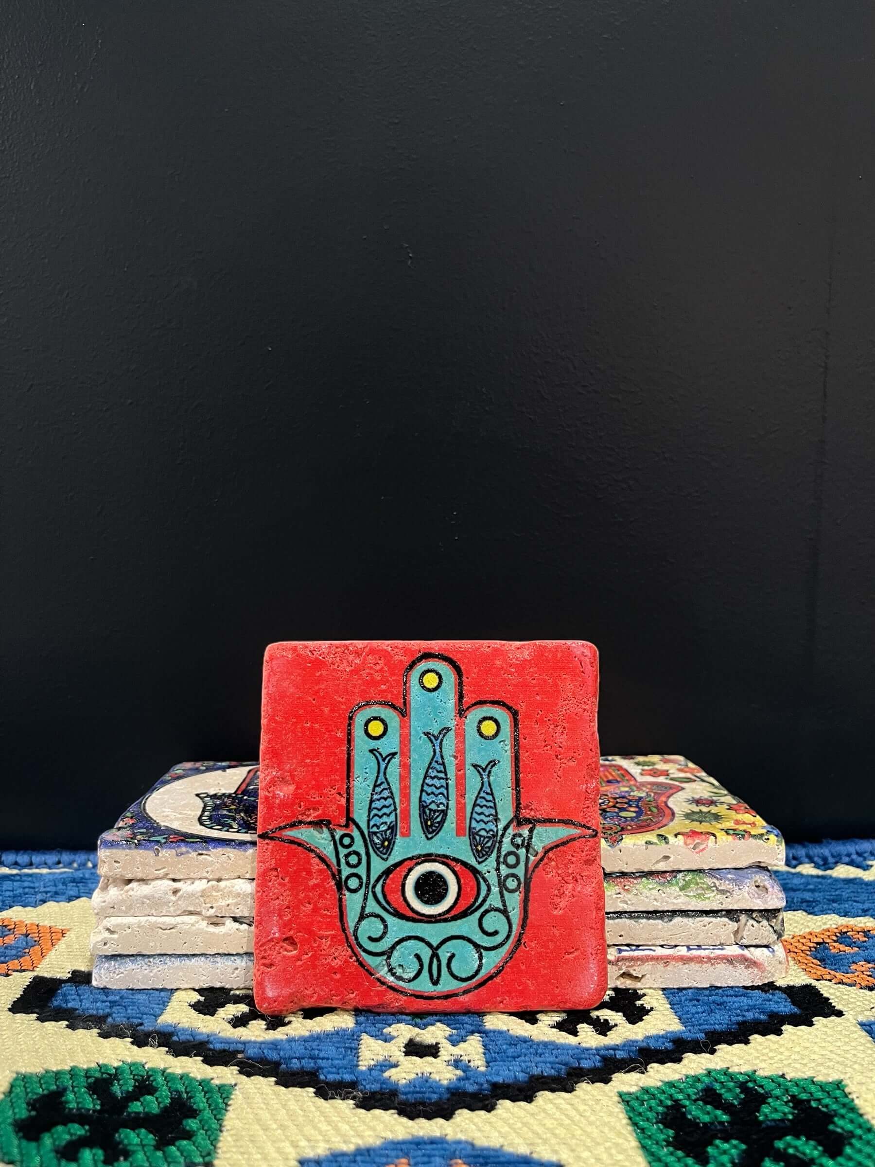 Stone Coaster Hamsa Hand Red