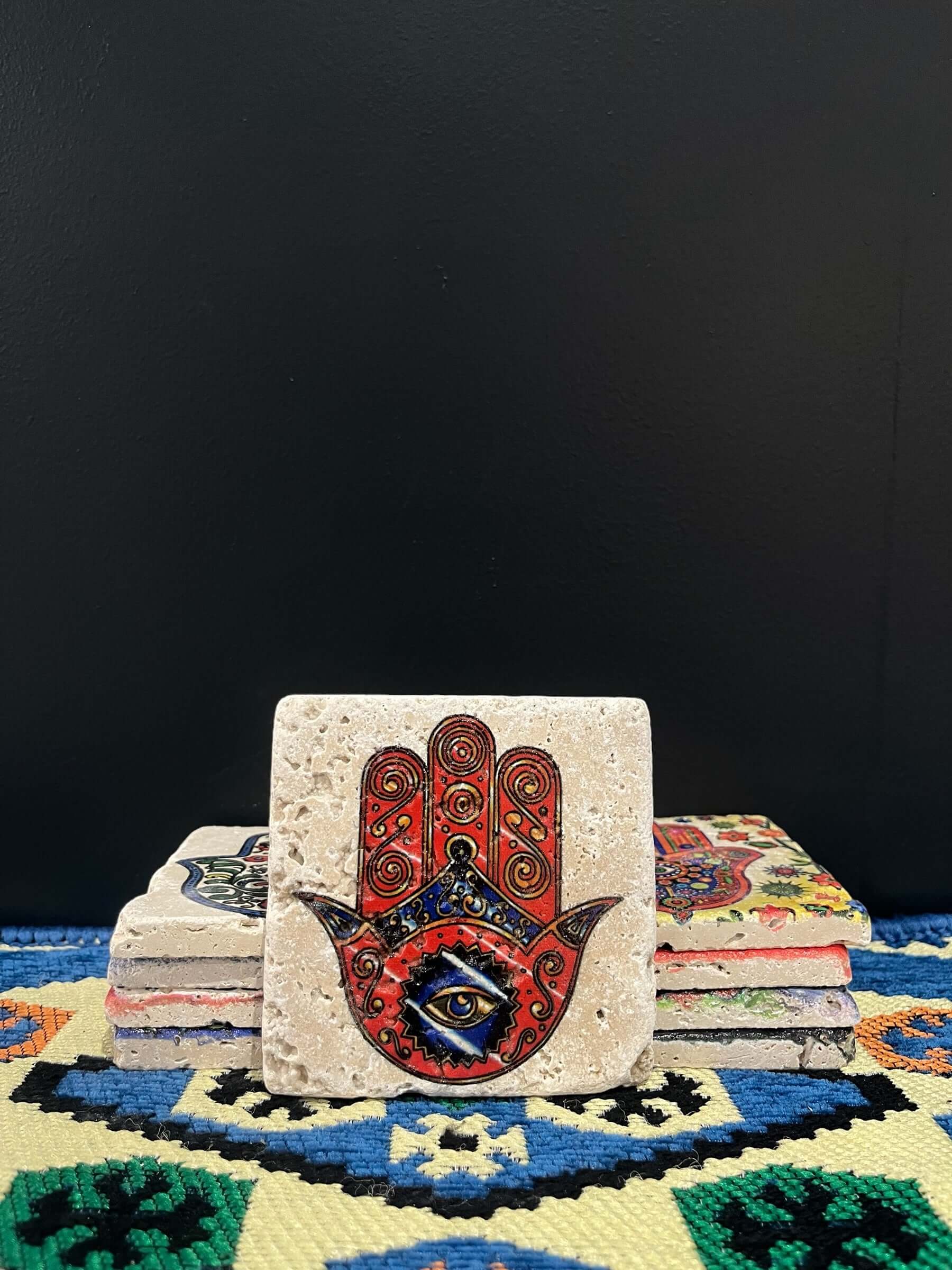 Stone Coaster Hamsa Hand Red&Blue