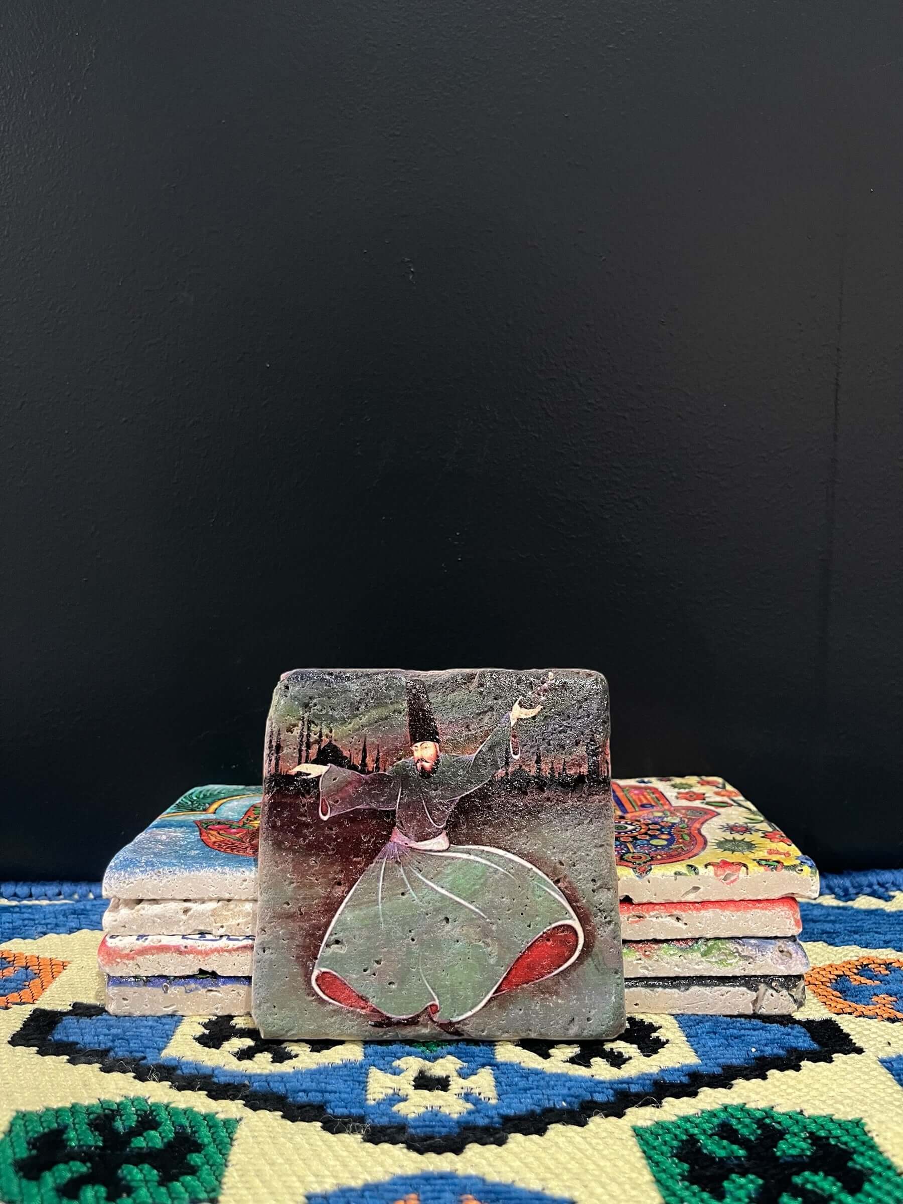 Stone Coaster Vintage Whirling Dervish Istanbul-A captivating blend of ancient charm and artistic elegance. Crafted from genuine vintage stone, this coaster showcases the iconic Rumi, mevlana, whirling derwish design, adding a touch of timeless mystique t