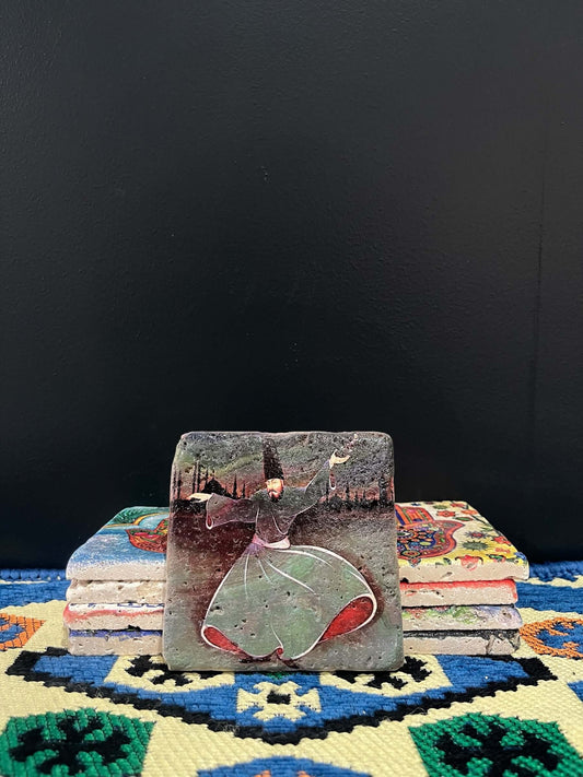 Stone Coaster Vintage Whirling Dervish Istanbul-A captivating blend of ancient charm and artistic elegance. Crafted from genuine vintage stone, this coaster showcases the iconic Rumi, mevlana, whirling derwish design, adding a touch of timeless mystique t