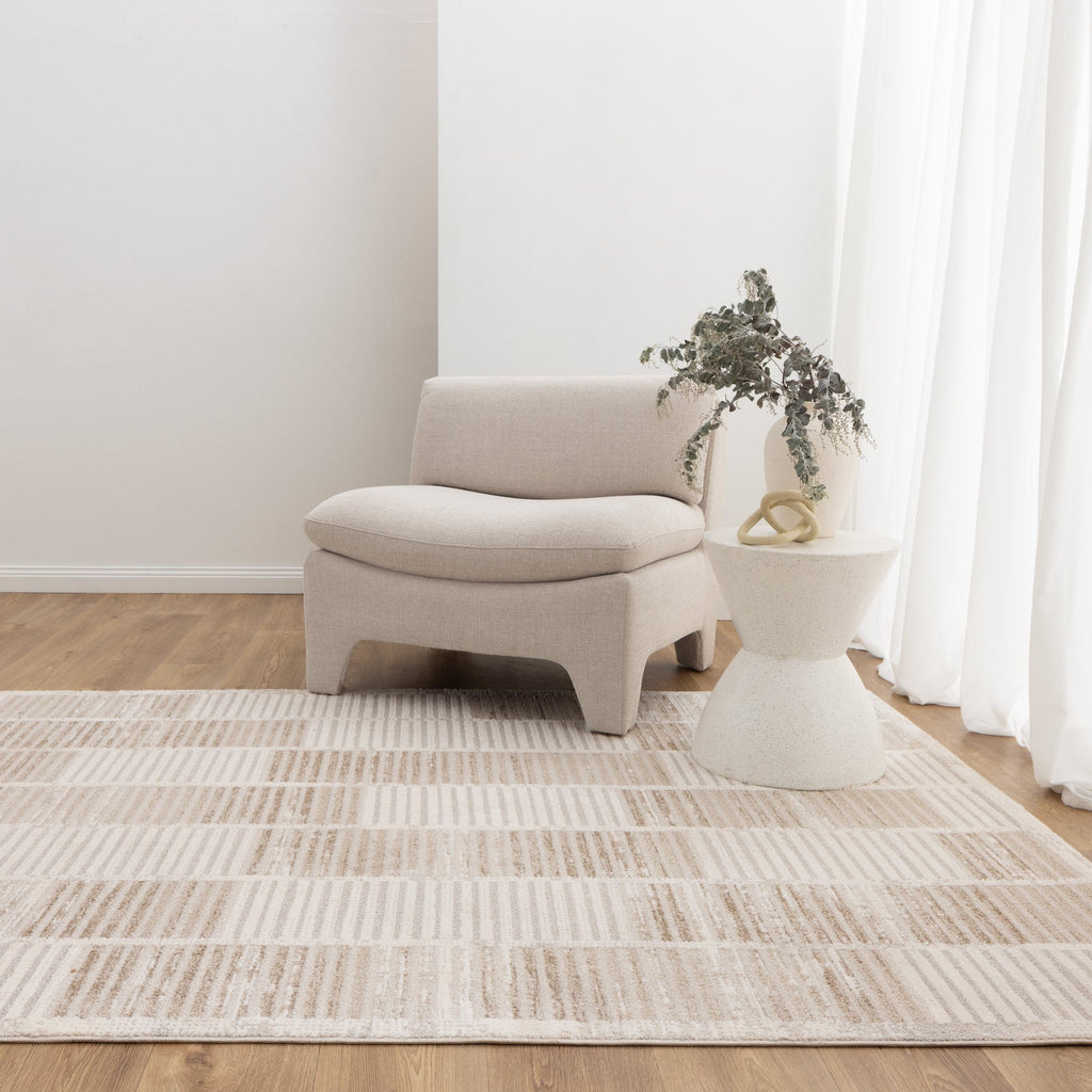 Trend Modern Stripes Grey and Beige Rug - T100 styled with furniture