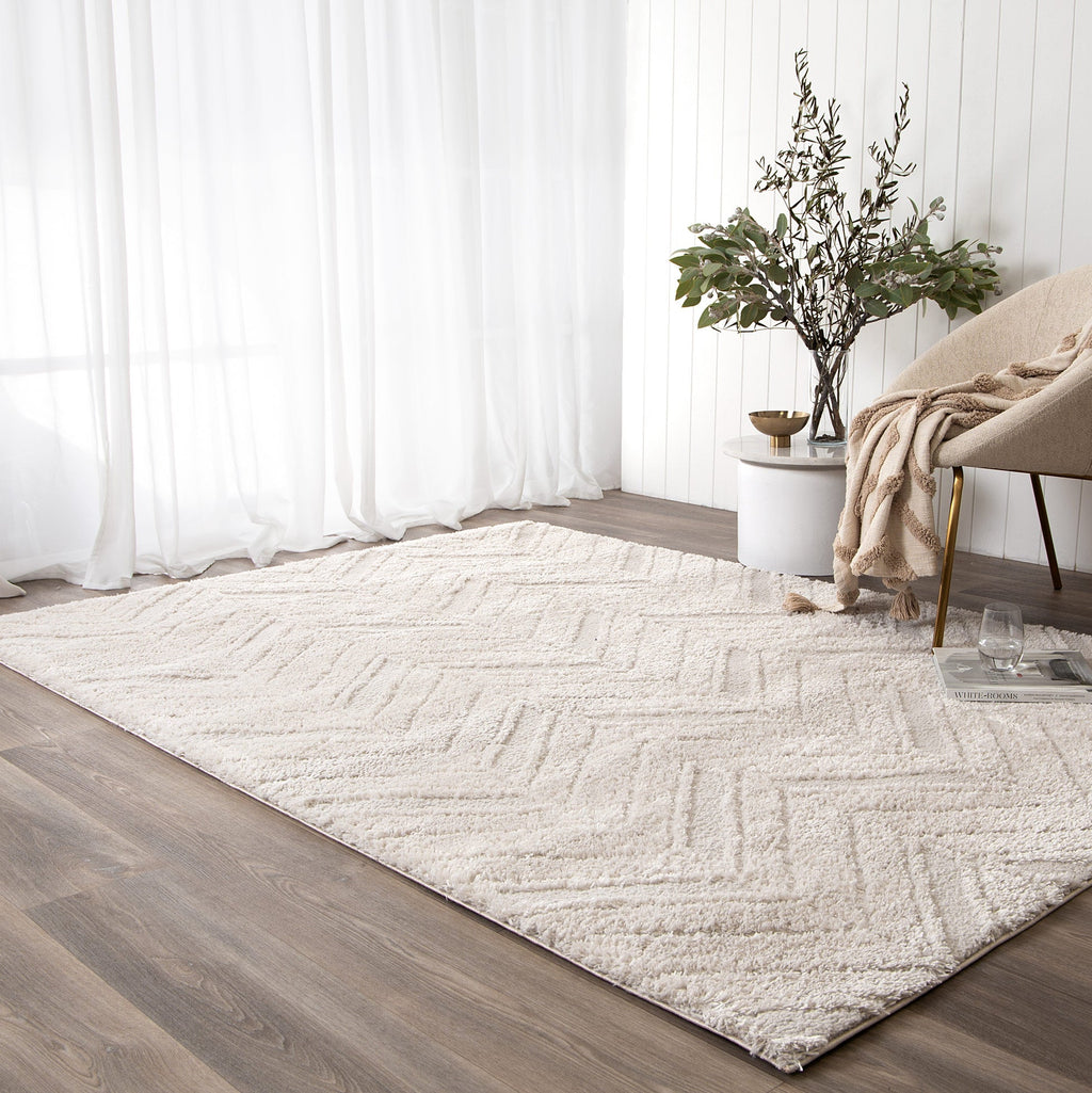 Tender Chevron Beige Shag Rug styled with furniture