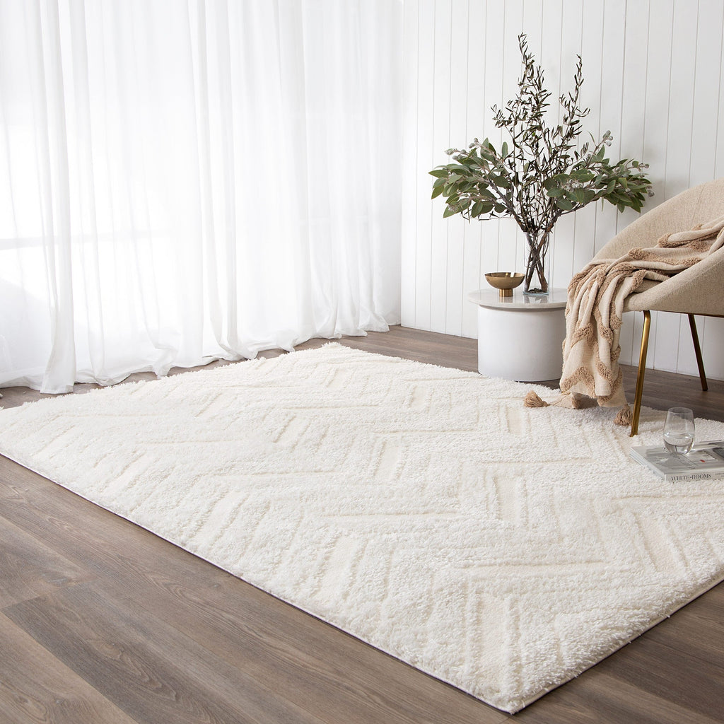 Tender Chevron Cream Shag Rug styled with furniture