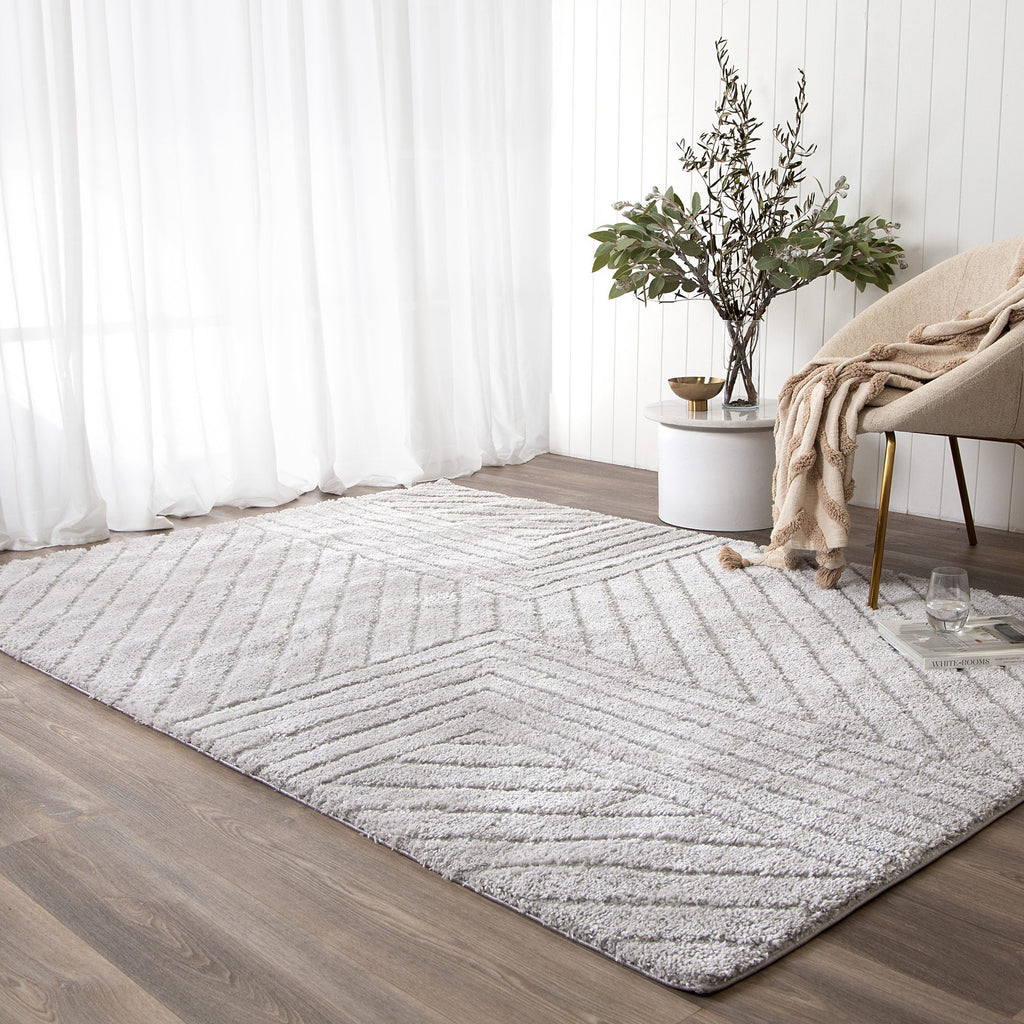 Tender Modern Silver Shag Rug styled with furniture