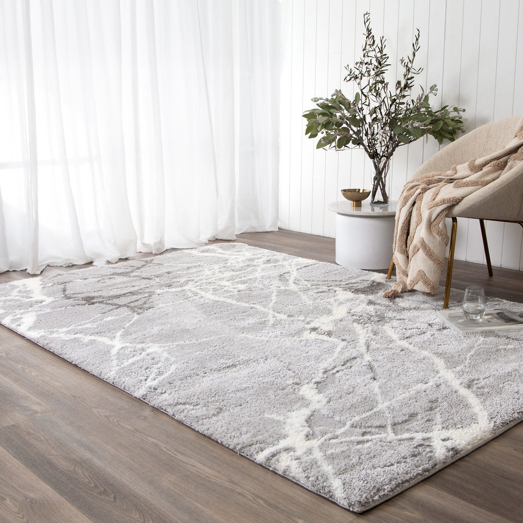 Tender Abstract Silver Shag Rug styled with furniture