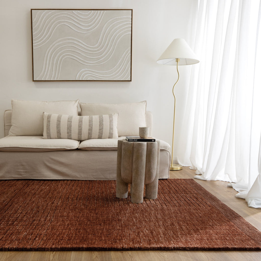 Canyon CANYON01 Terracotta Carved Rug styled with furniture