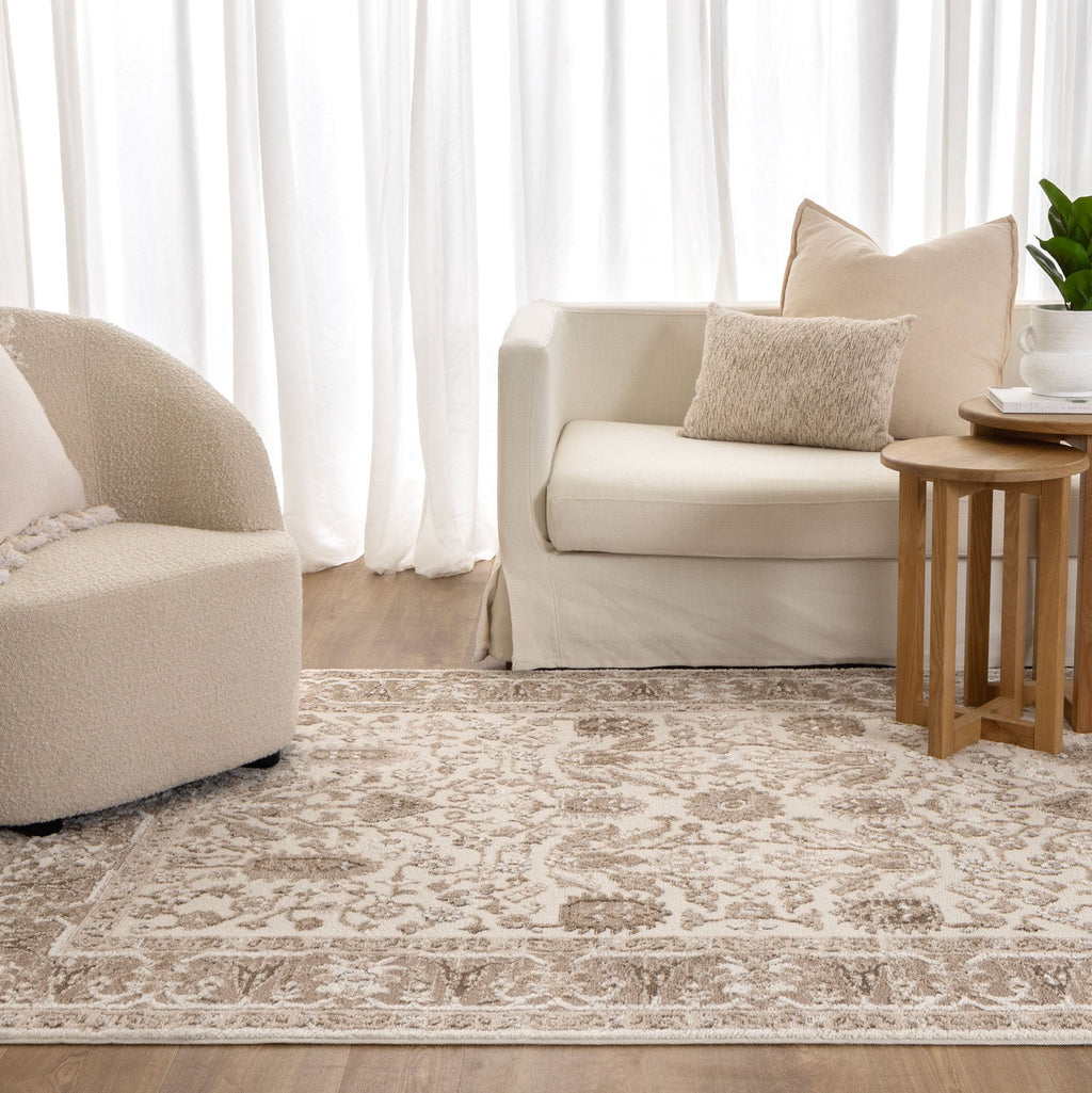 Sierra Brown Oriental Border Rug styled with furniture