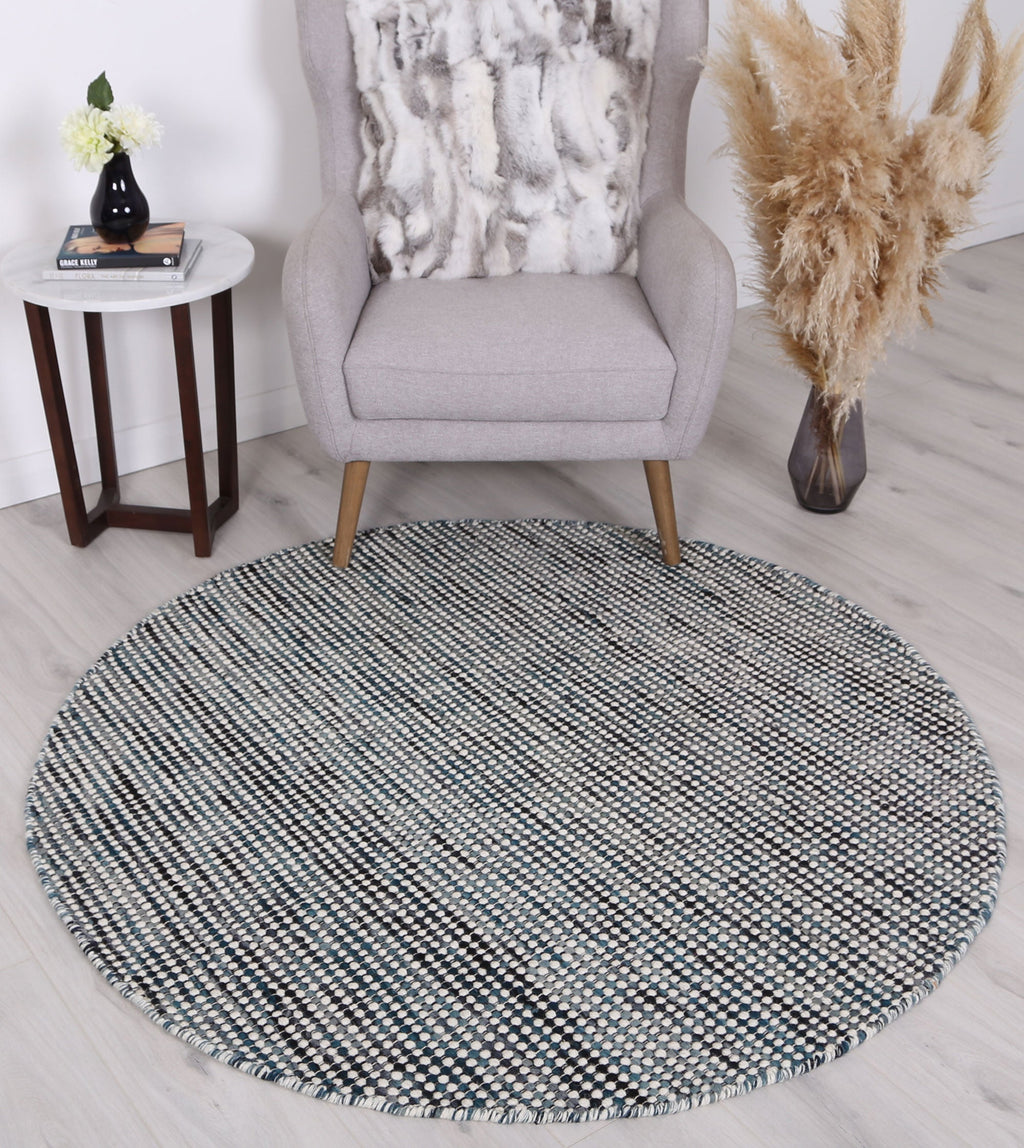 Nordic Teal Reversible Wool Round Rug styled with furniture